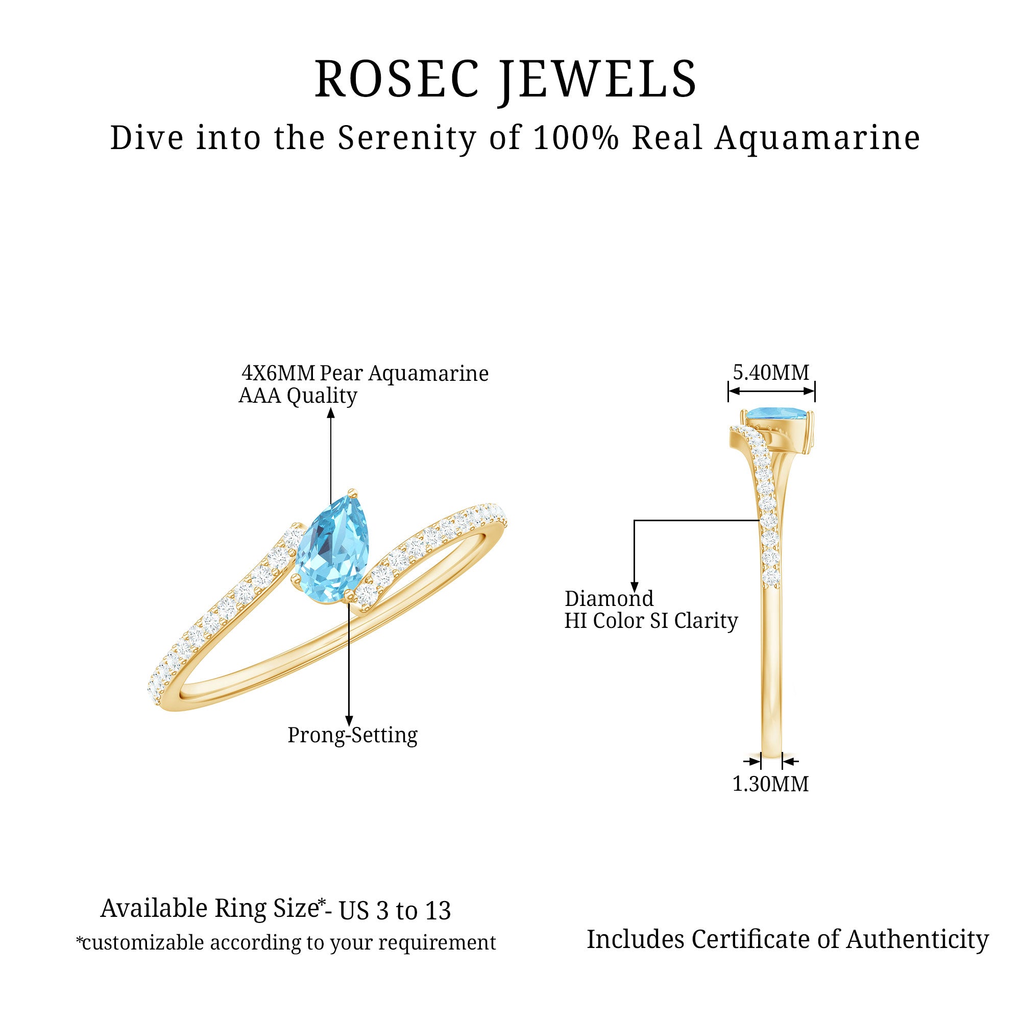 Real Aquamarine and Diamond Promise Ring in Bypass Shank AAA - Rosec Jewels