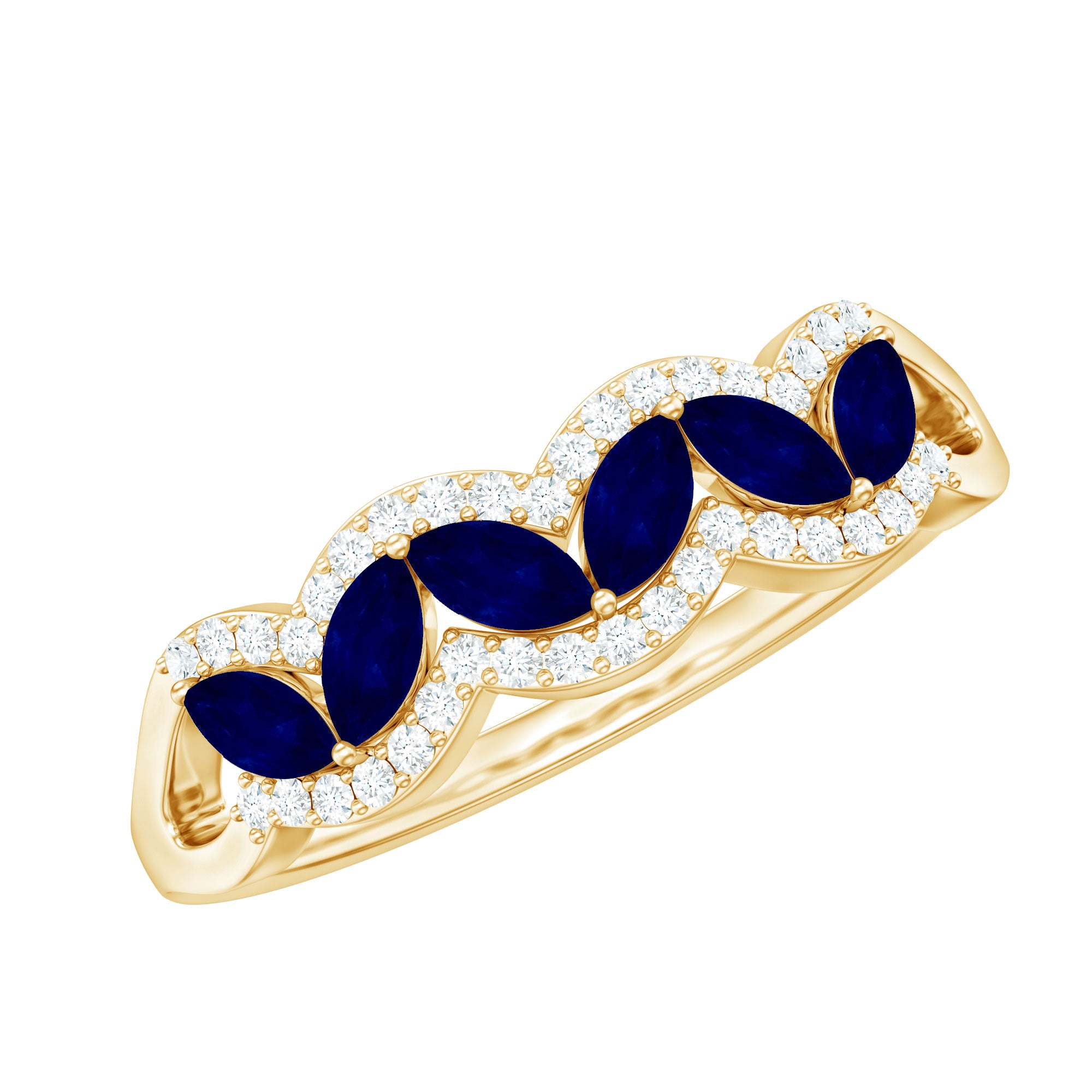 Certified Marquise Cut Blue Sapphire and Diamond Wedding Anniversary Band Ring AAA - Rosec Jewels
