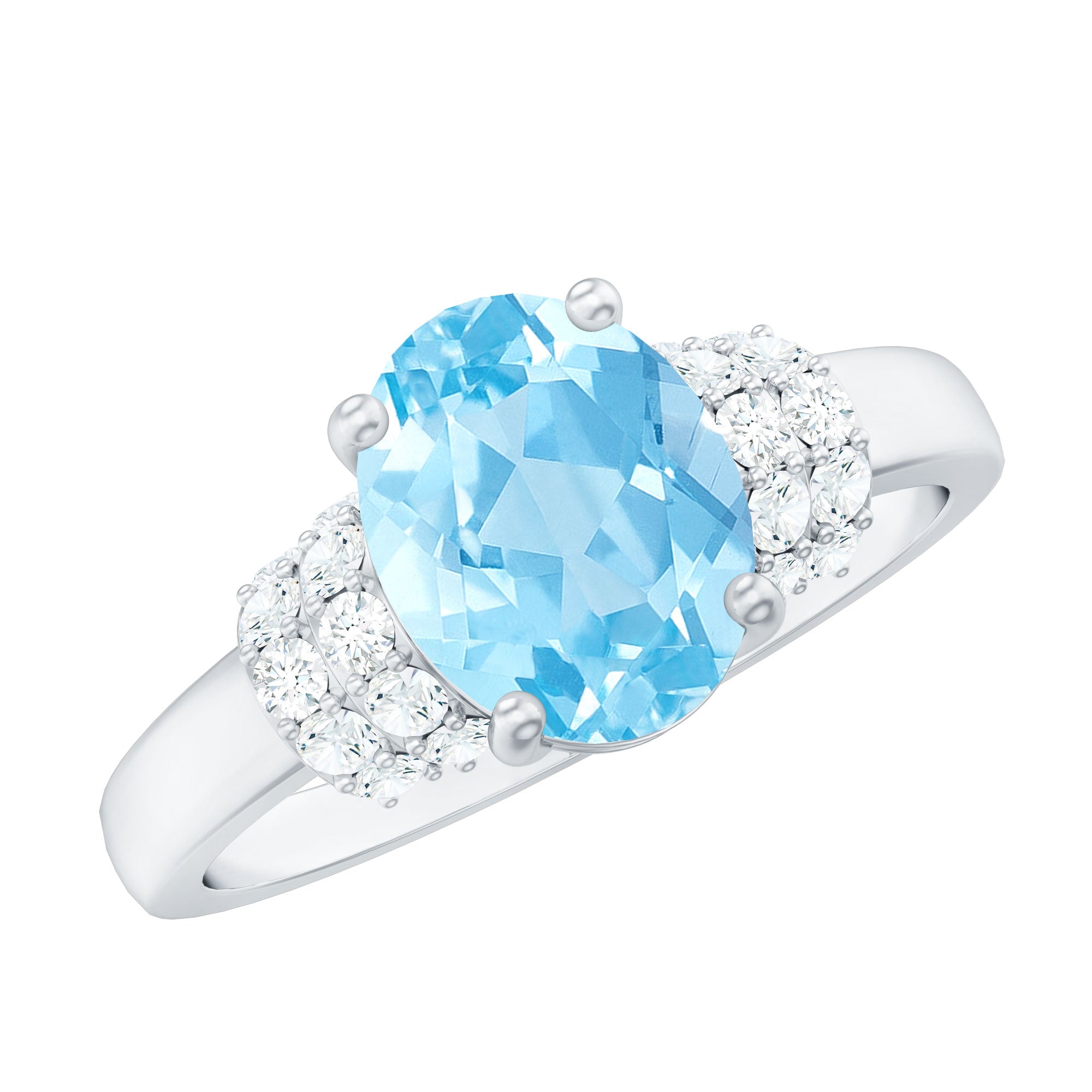 1 Carat Oval Cut Aquamarine Engagement Ring with Diamond Collar AAA - Rosec Jewels