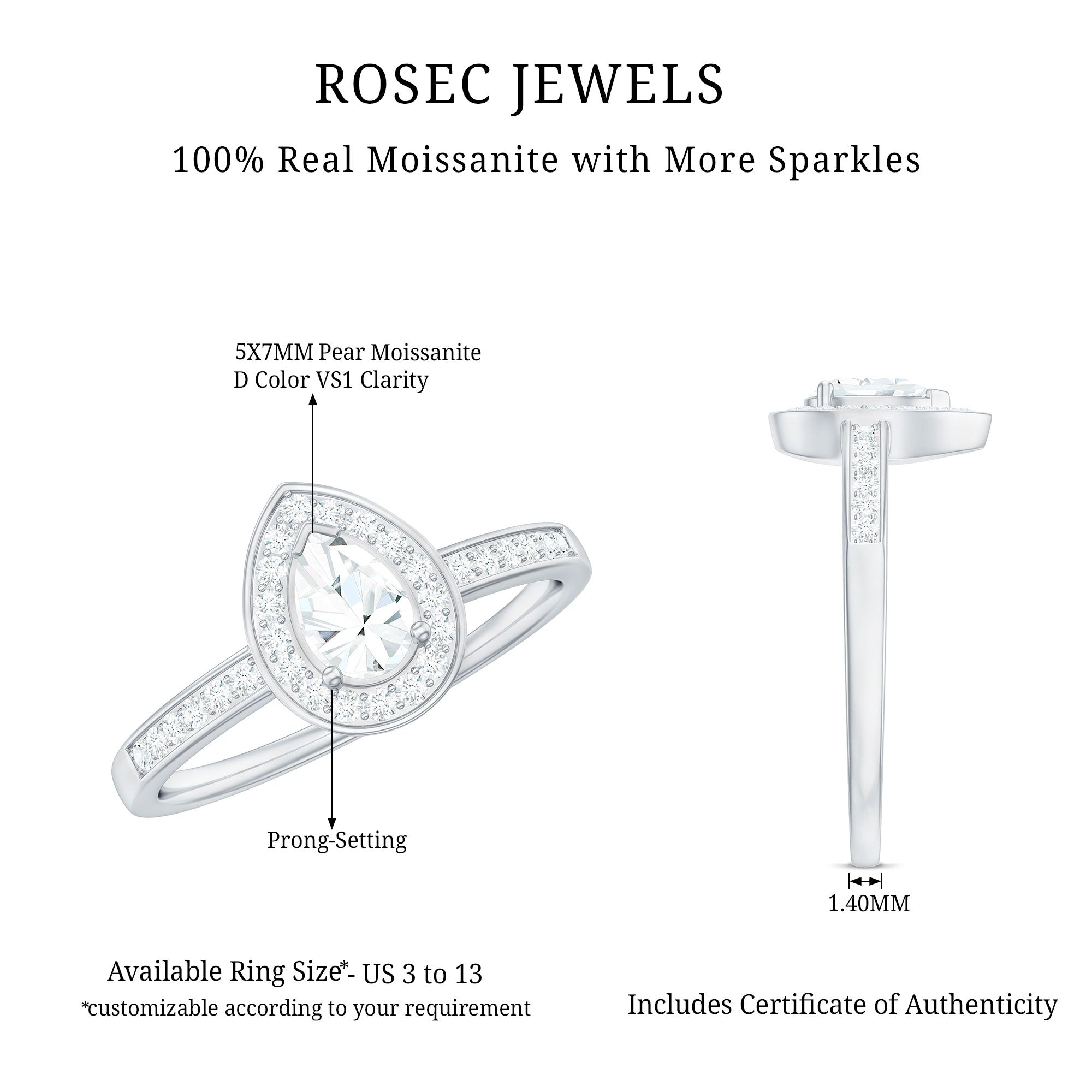 Zircon Teardrop Halo Engagement Ring AAAA - Rosec Jewels
