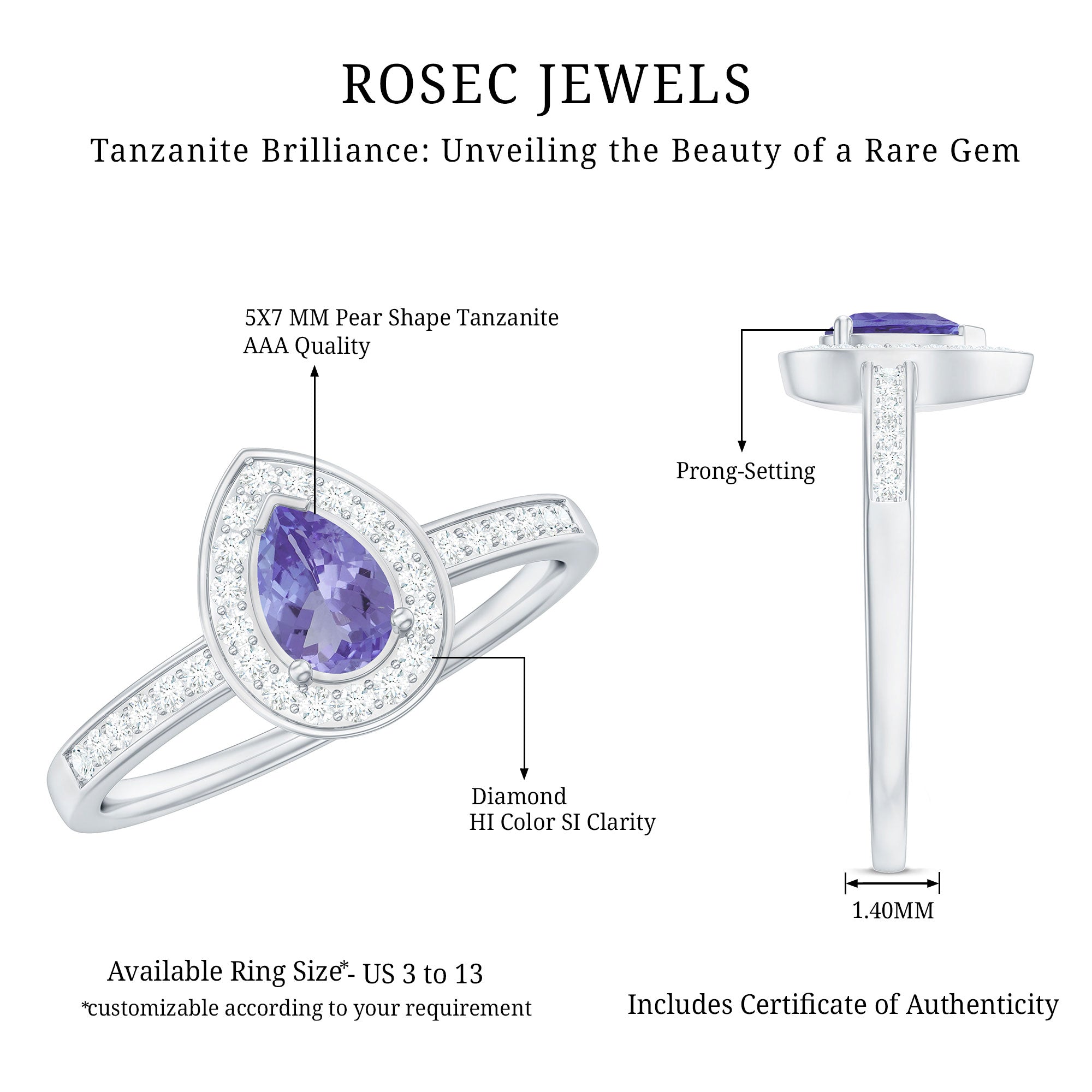 Rosec Jewels-Natural Pear Cut Tanzanite Teardrop Engagement Ring with Diamond Halo