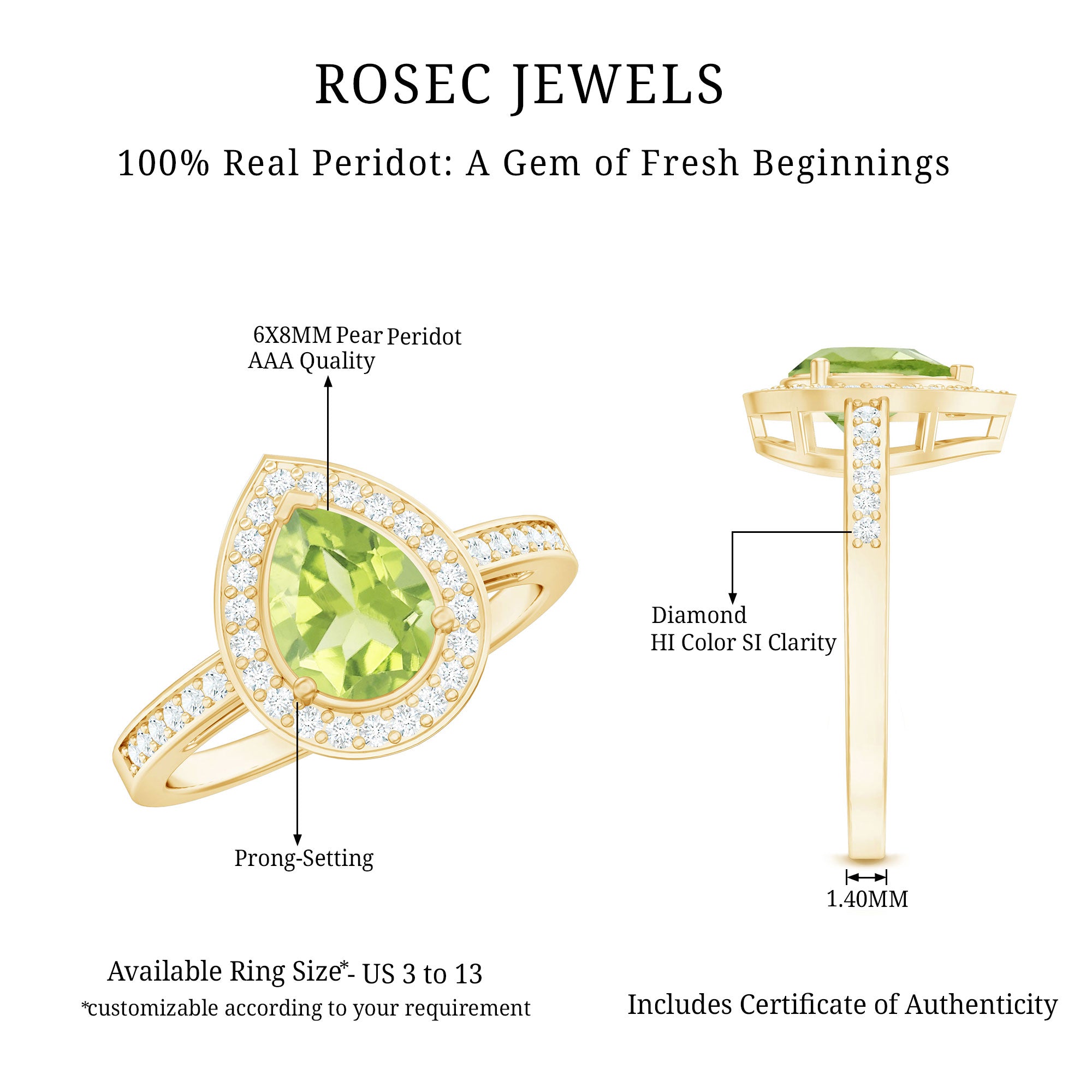 Natural 1 Carat Peridot Teardrop Engagement Ring with Diamond Halo AAA - Rosec Jewels
