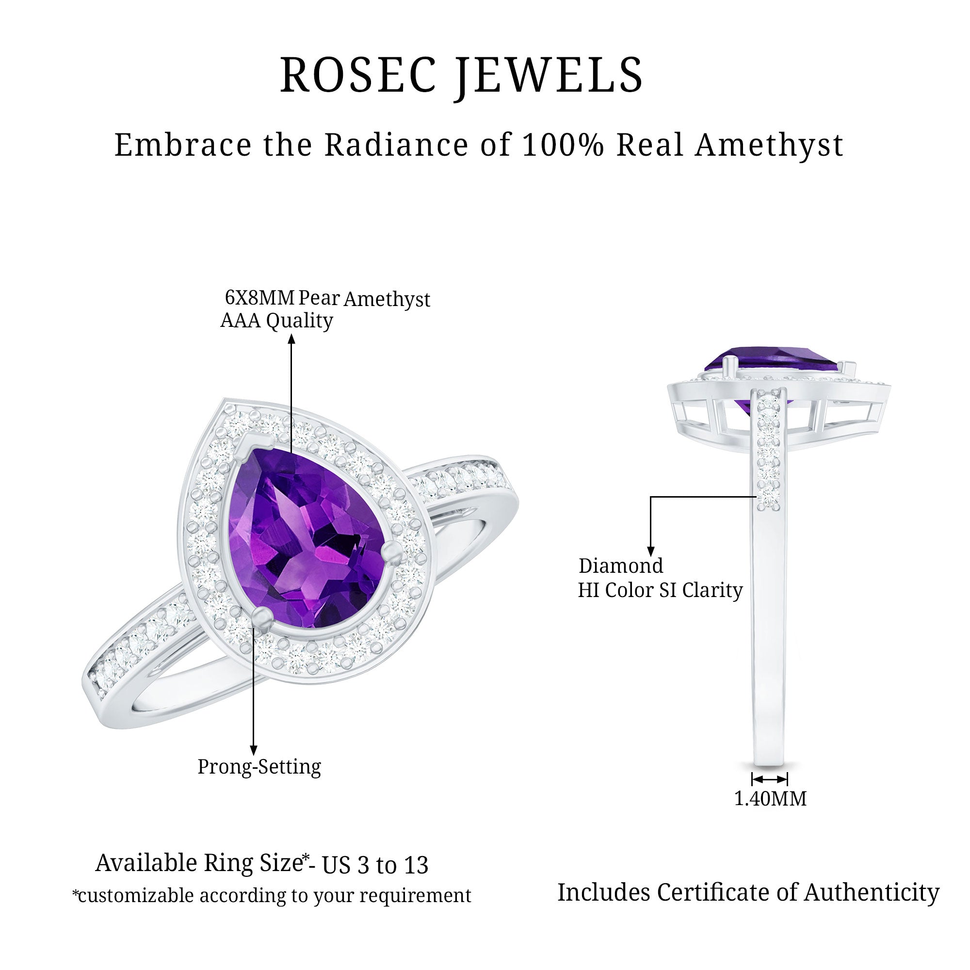 Real 1 Carat Amethyst Pear Shaped Engagement Ring with Diamond Halo AAA - Rosec Jewels
