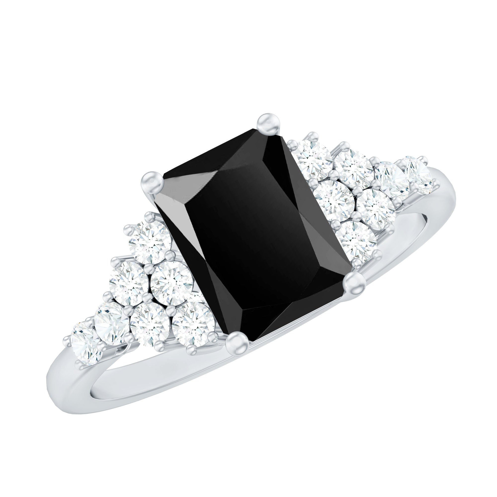 Certified 6X8MM Emerald Cut Black Onyx Engagement Ring with Diamonds AAA - Rosec Jewels