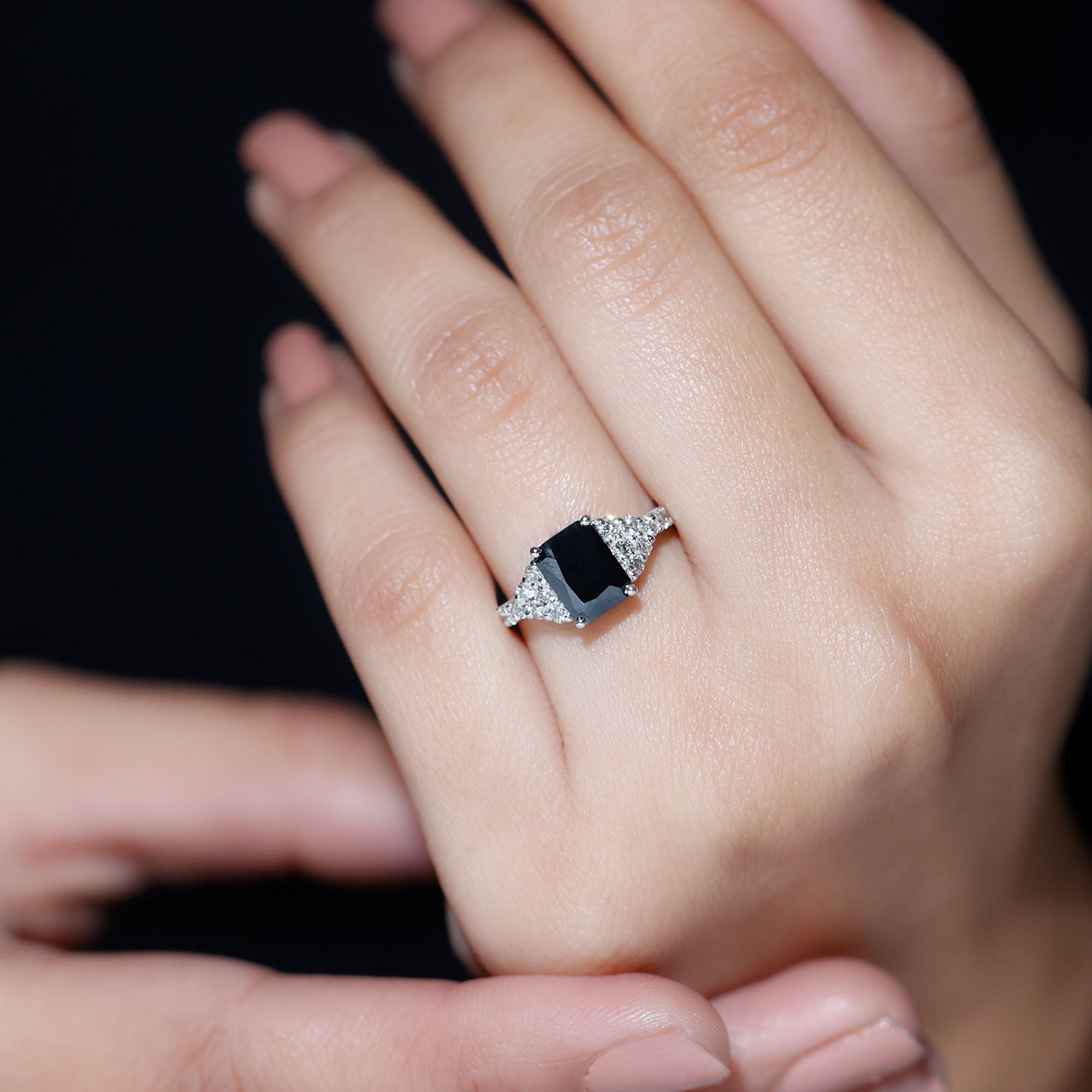 Certified 6X8MM Emerald Cut Black Onyx Engagement Ring with Diamonds AAA - Rosec Jewels