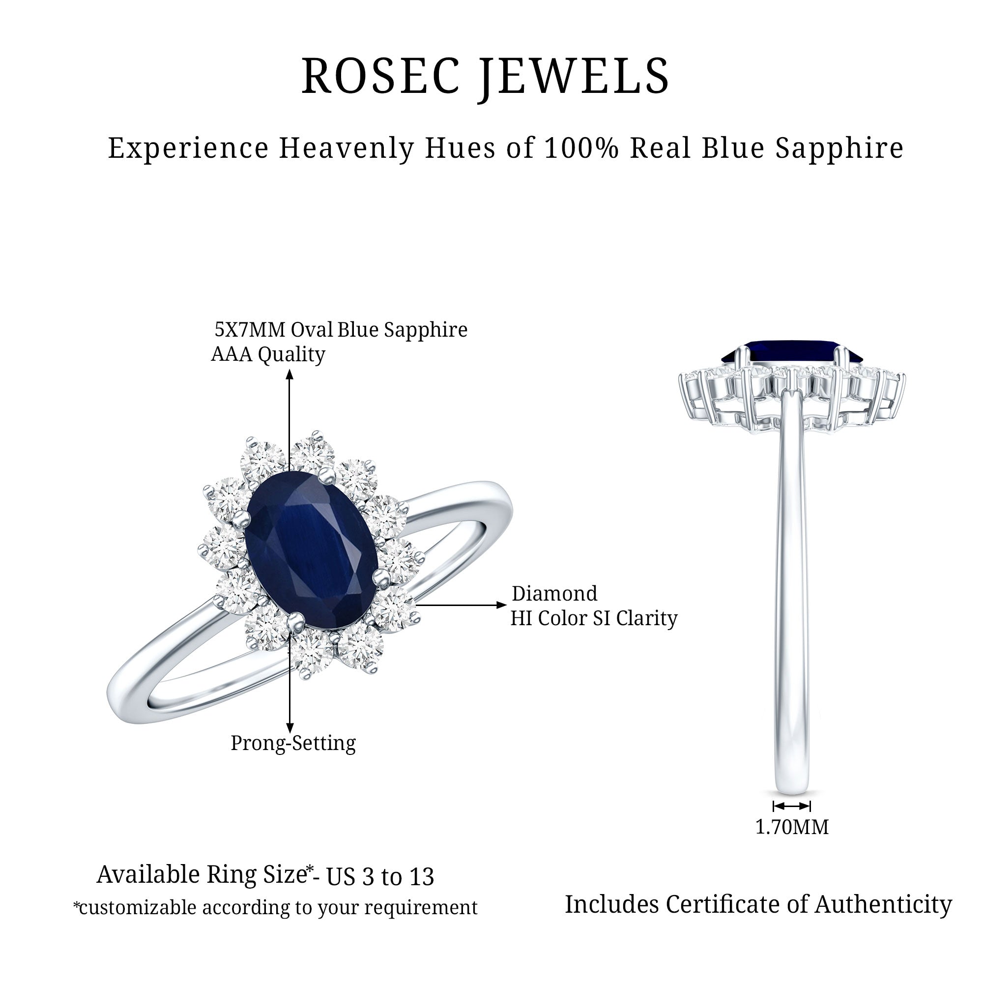 Rosec Jewels-Natural 1 Carat Blue Sapphire Princess Diana Inspired Engagement Ring with Diamonds