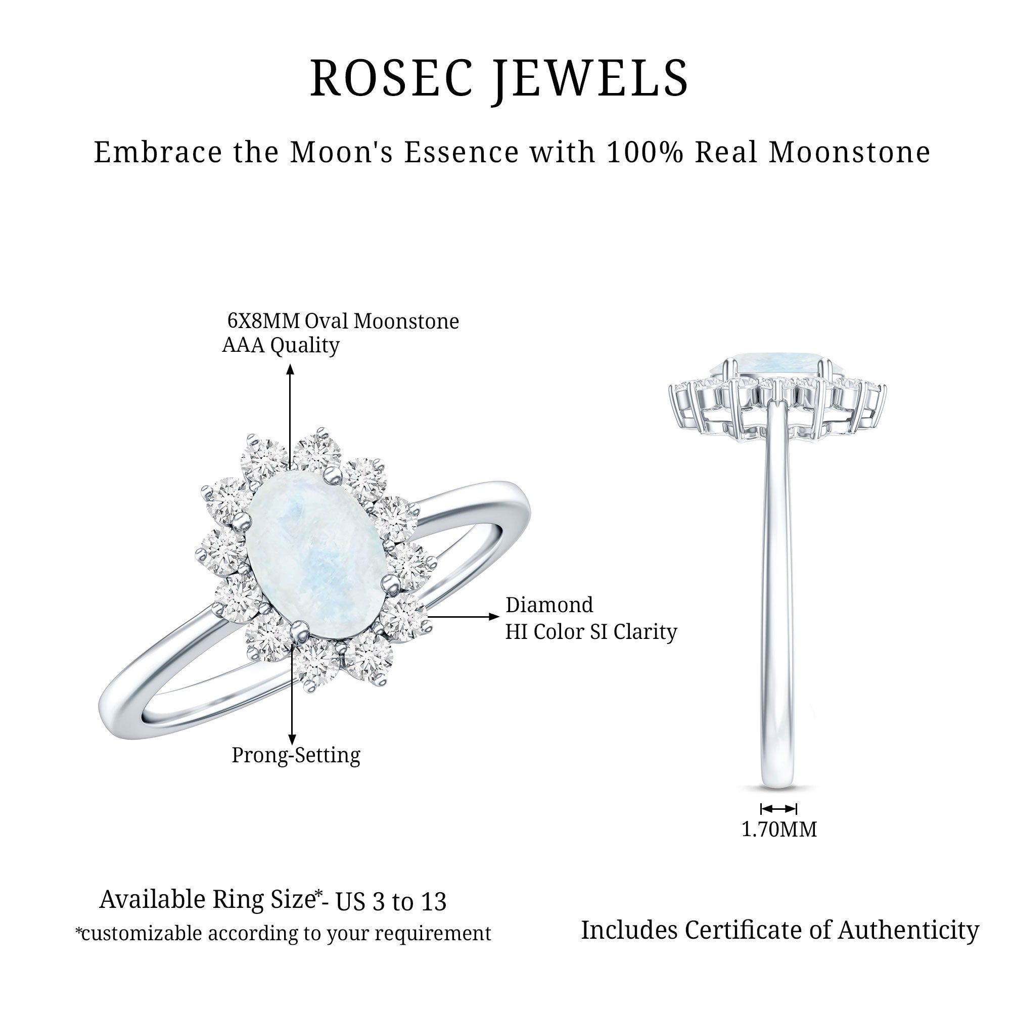 Rosec Jewels-Princess Diana Inspired Moonstone Engagement Ring Diamond Halo