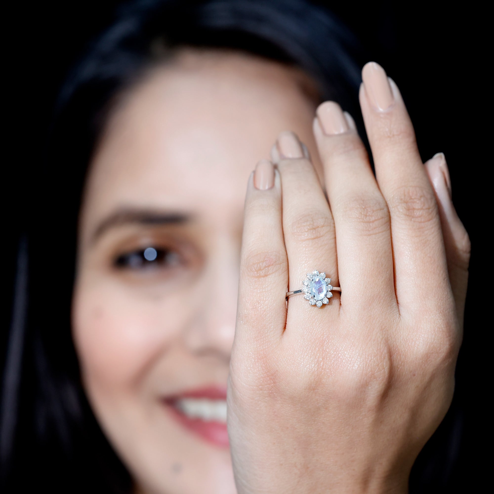 Rosec Jewels-Princess Diana Inspired Moonstone Engagement Ring Diamond Halo