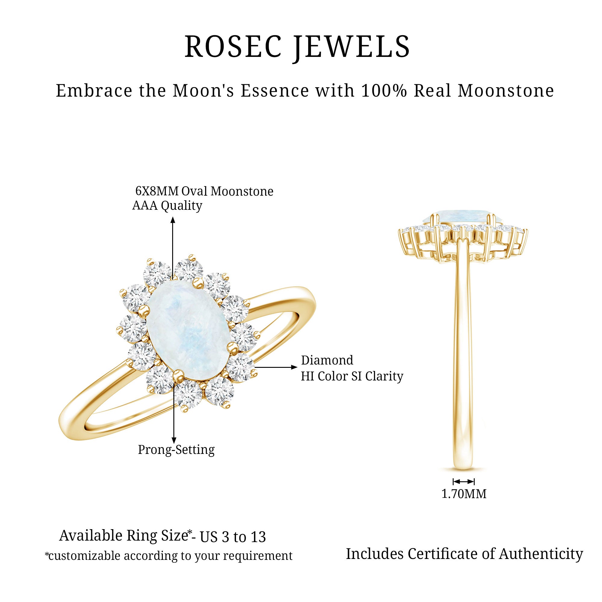 Rosec Jewels-Princess Diana Inspired Moonstone Engagement Ring Diamond Halo