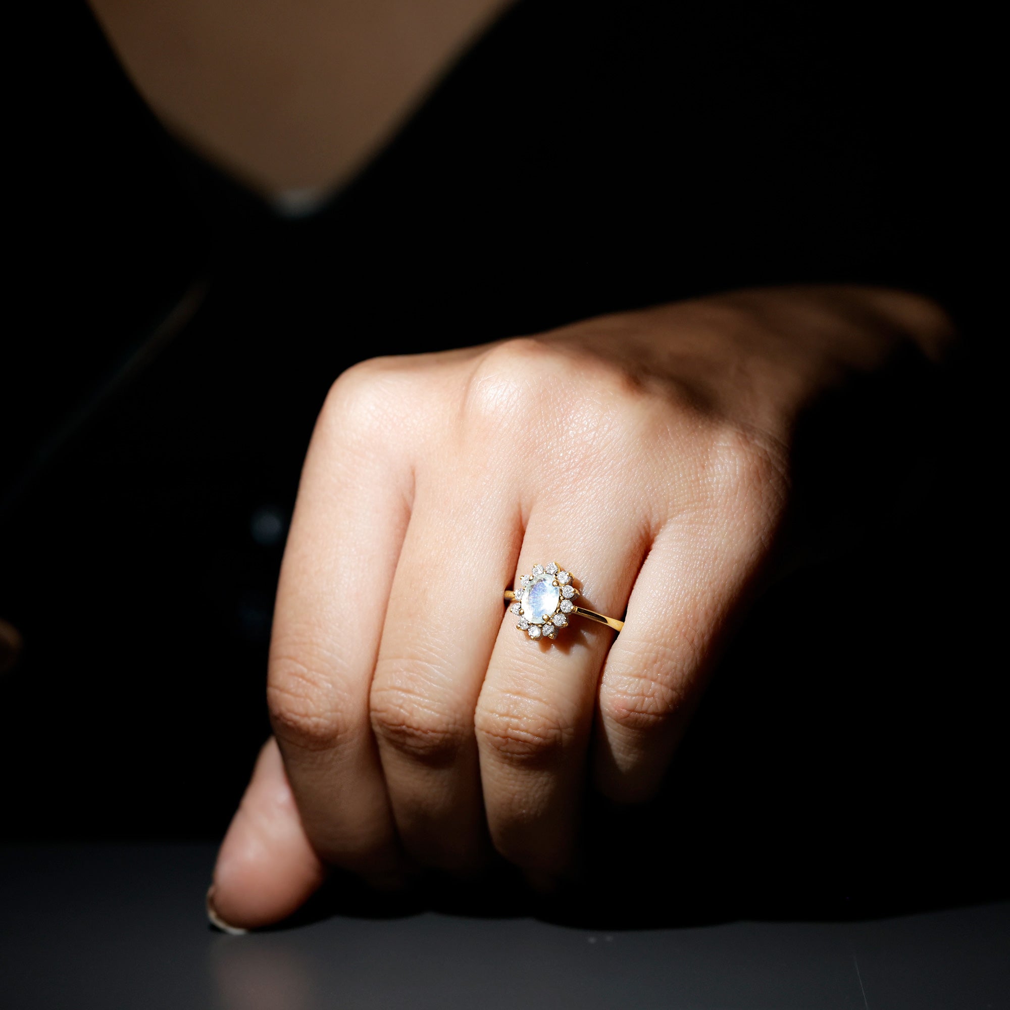 Rosec Jewels-Princess Diana Inspired Moonstone Engagement Ring Diamond Halo