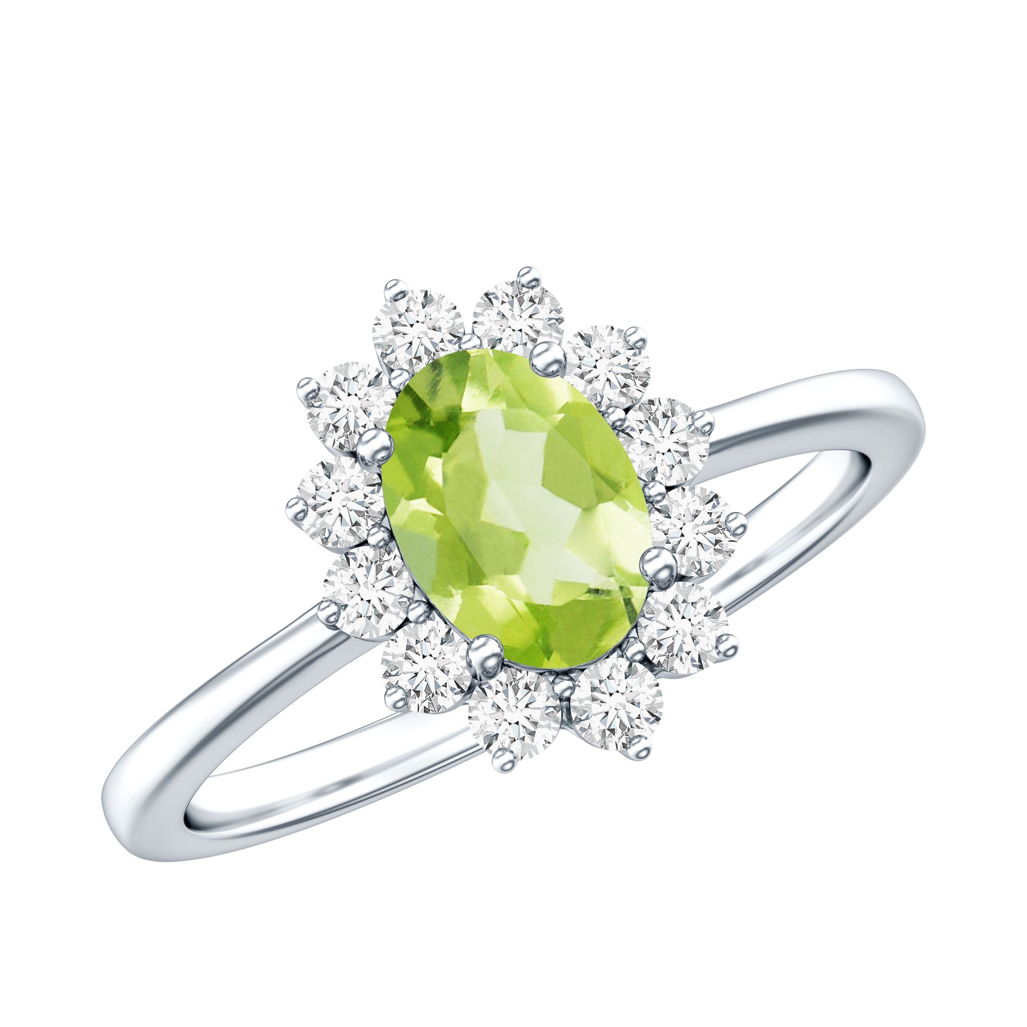 Real 1 Carat Peridot Oval Engagement Ring with Diamond Halo AAA - Rosec Jewels