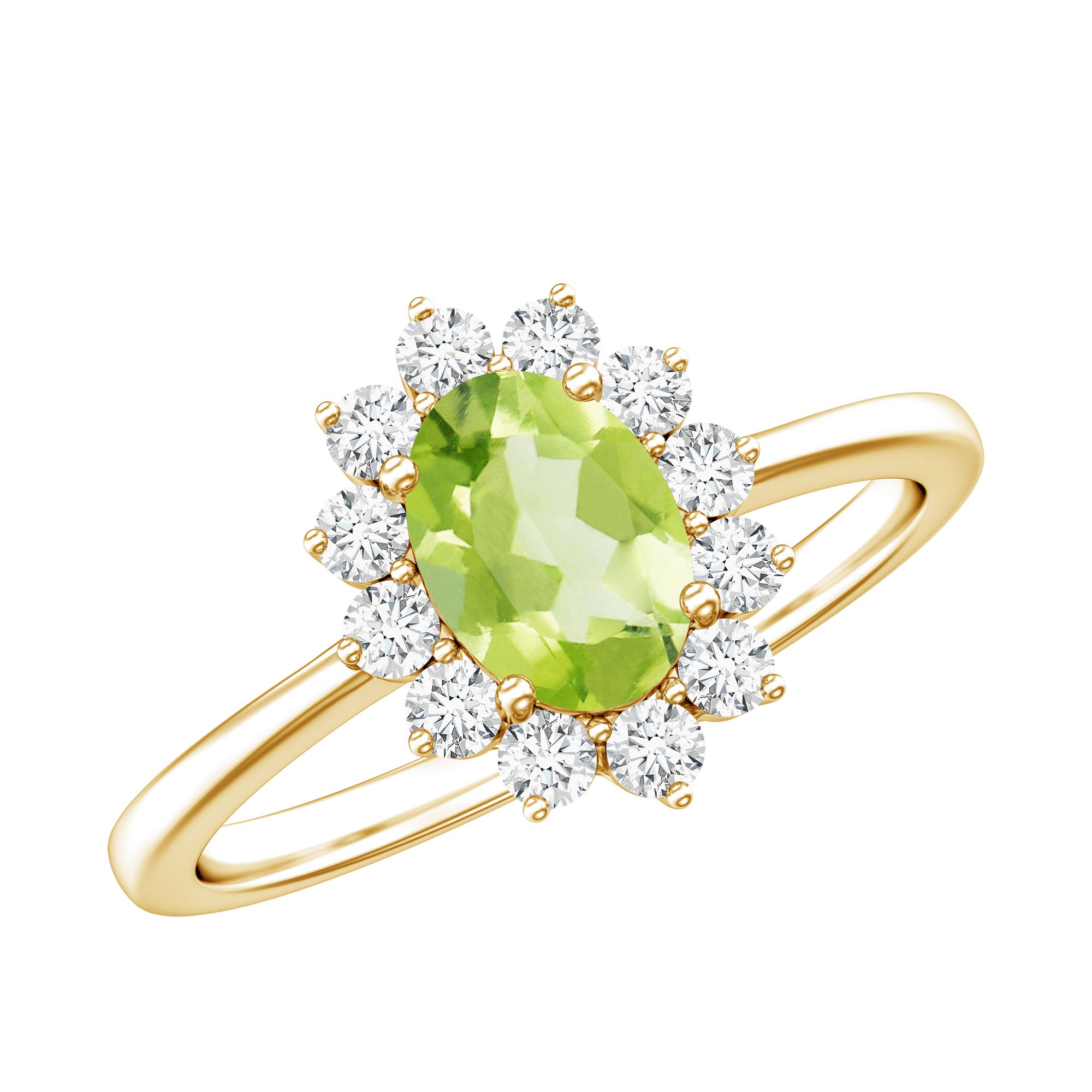 Real 1 Carat Peridot Oval Engagement Ring with Diamond Halo AAA - Rosec Jewels