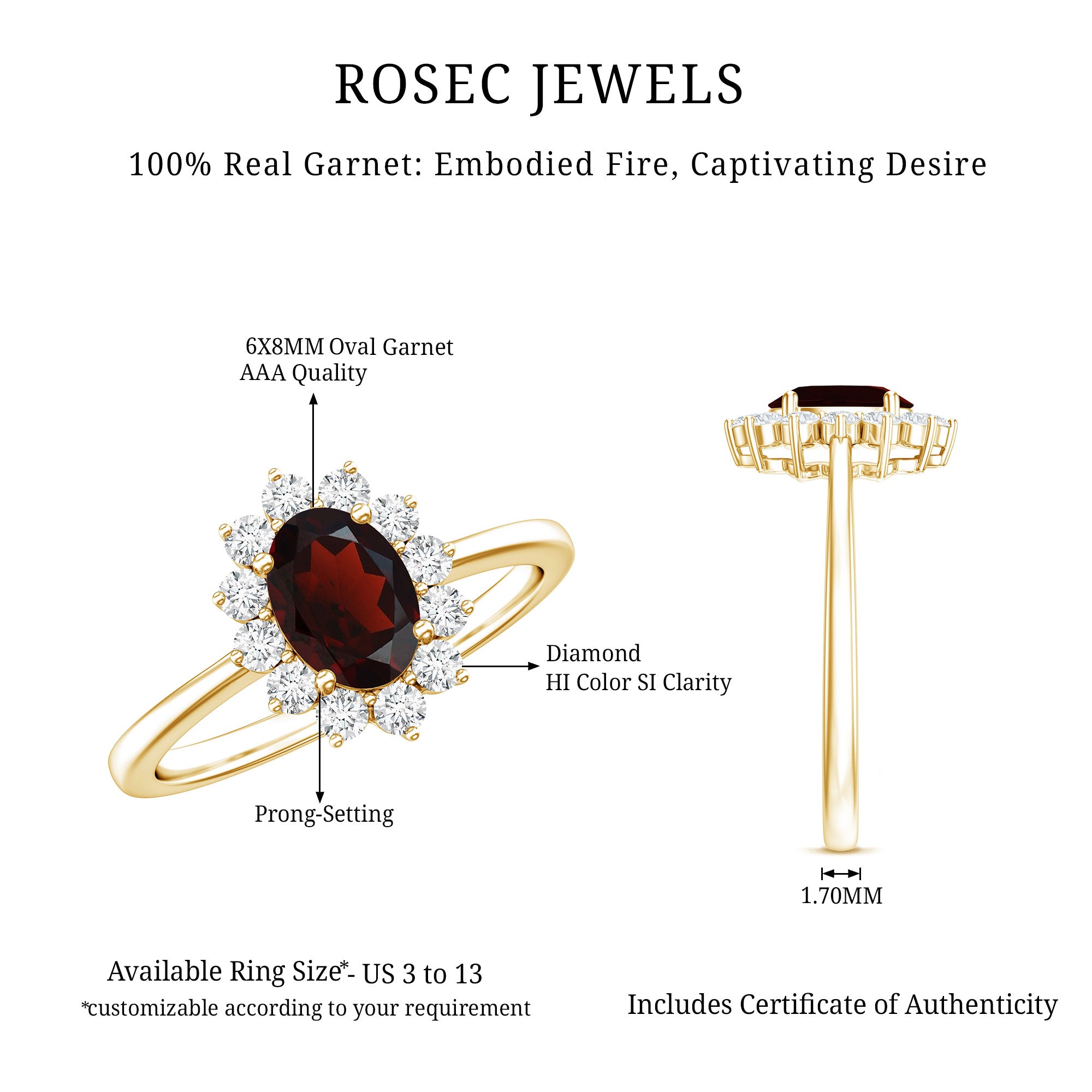 Natural 6X8mm Garnet Oblong Engagement Ring with Diamond Halo AAA - Rosec Jewels