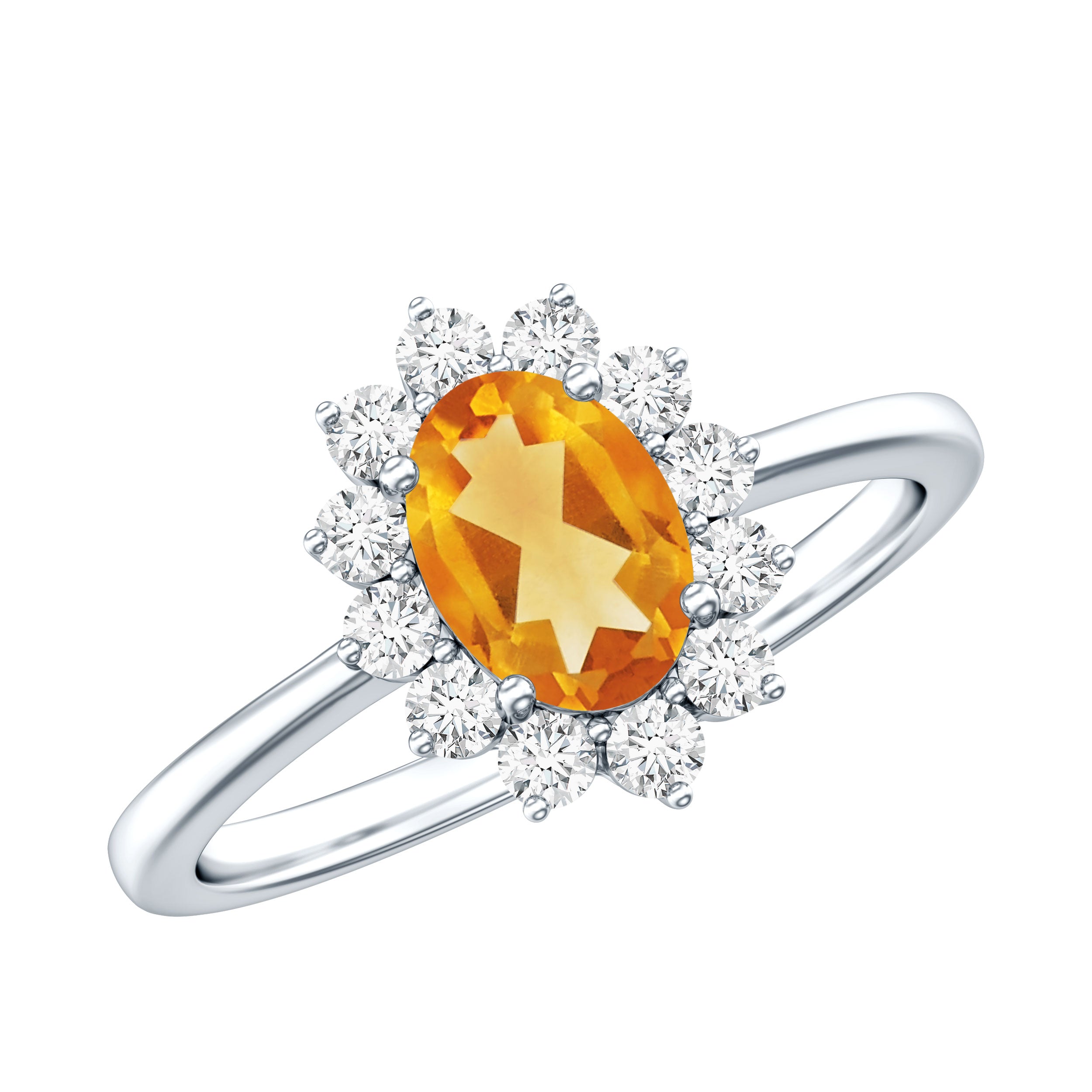 Real 6X8mm Citrine Oval Engagement Ring with Diamond Halo AAA - Rosec Jewels