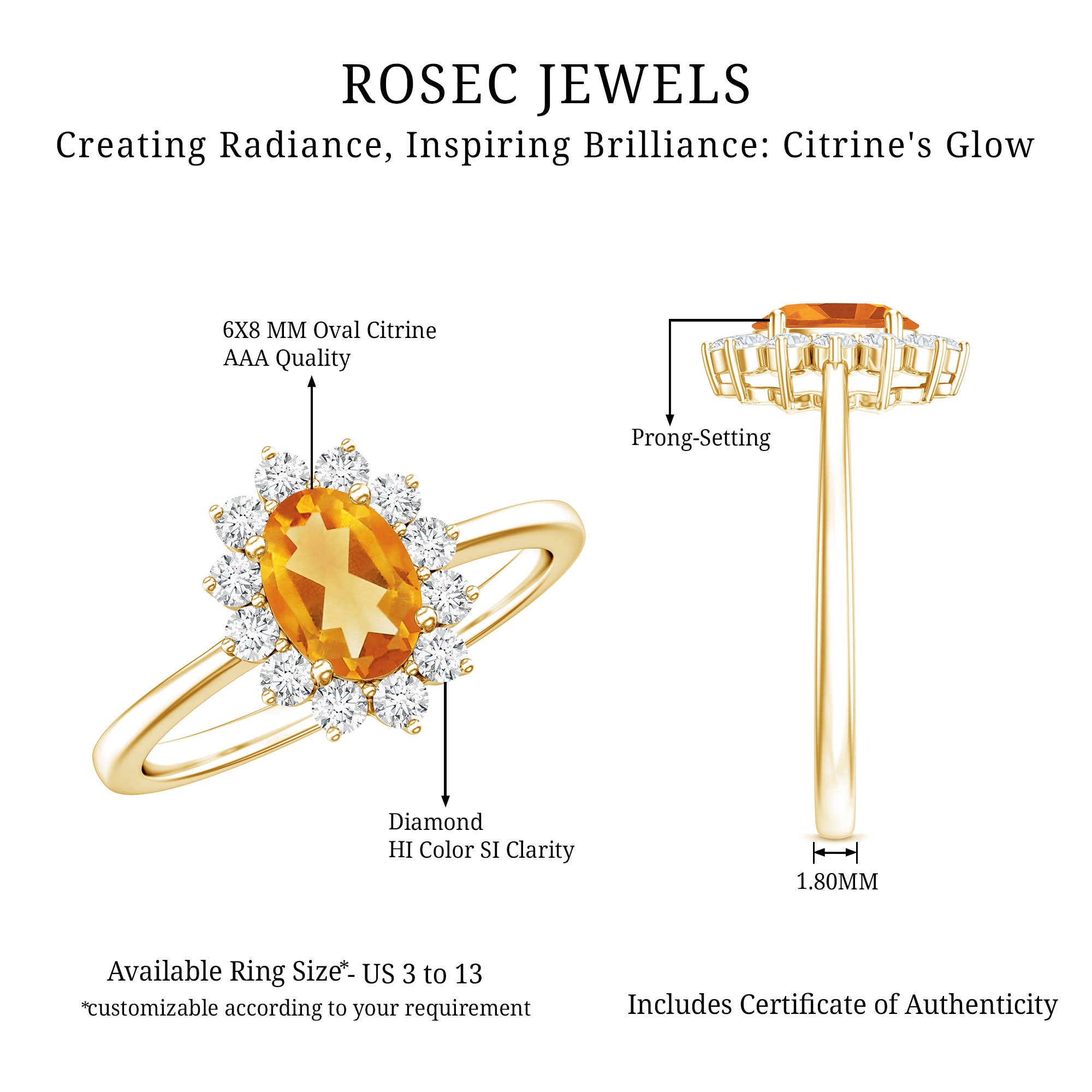 Real 6X8mm Citrine Oval Engagement Ring with Diamond Halo AAA - Rosec Jewels