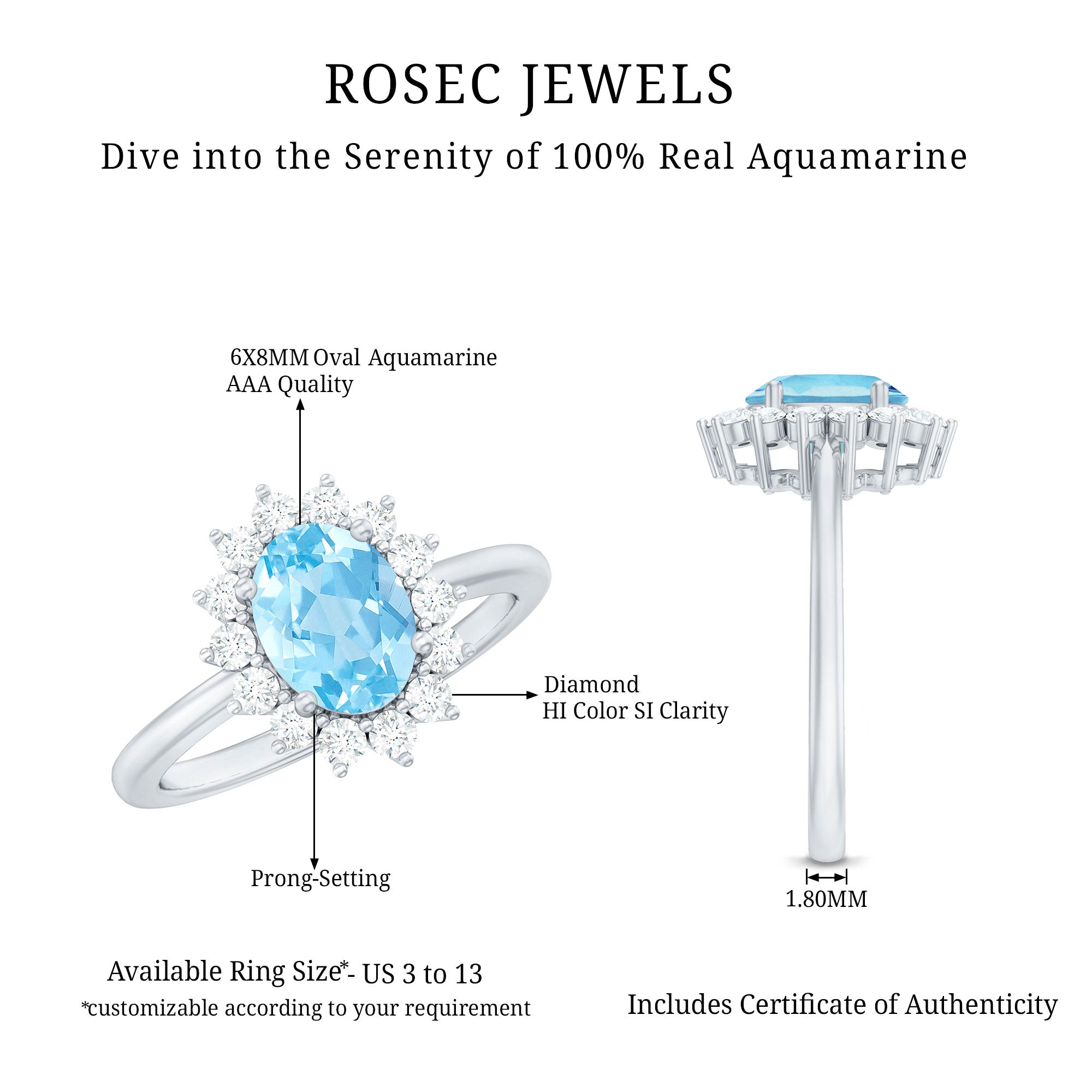Rosec Jewels-Natural 1 Carat Aquamarine Oval Engagement Ring with Diamond Halo