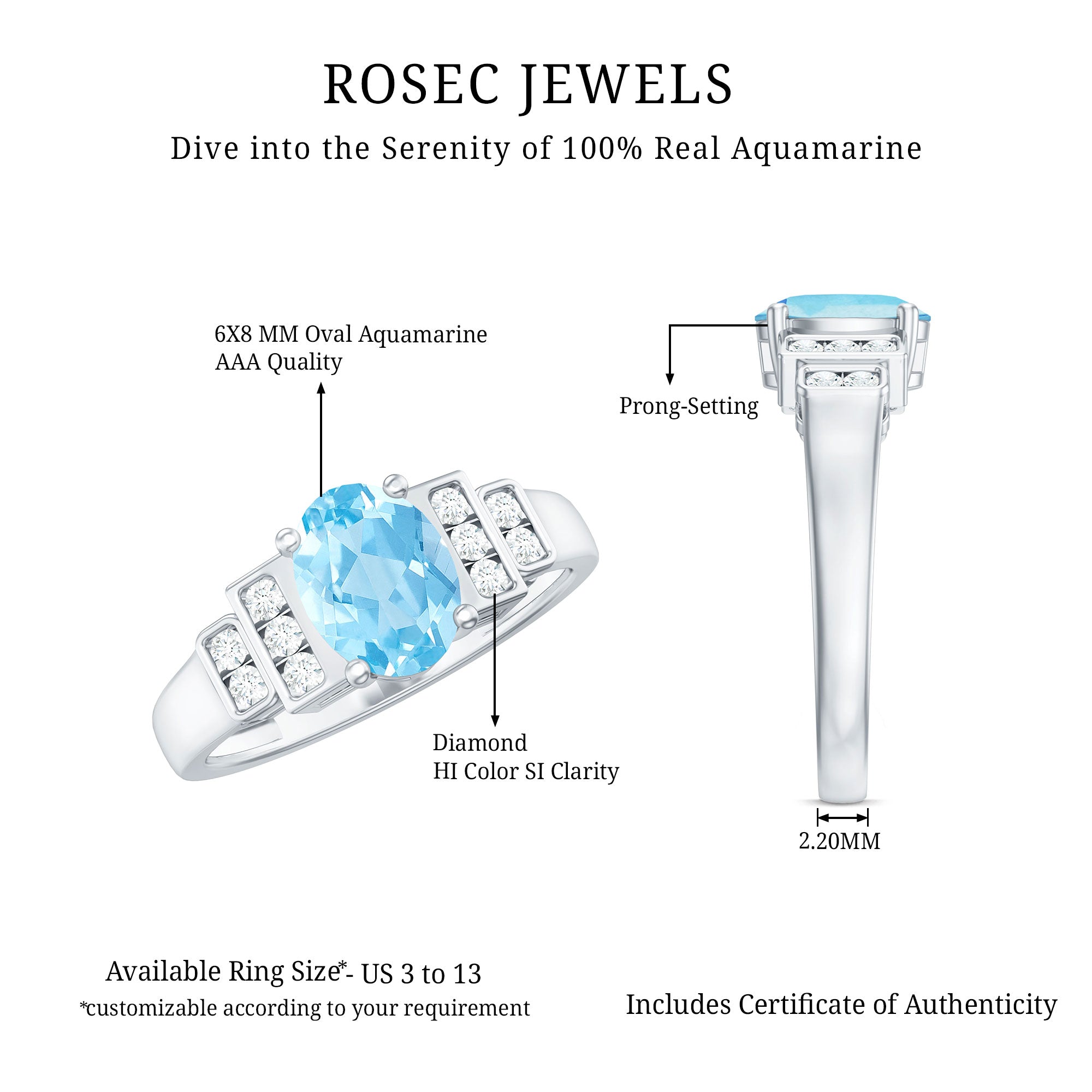 Rosec Jewels-Real 6X8mm Aquamarine Statement Engagement Ring with Diamond