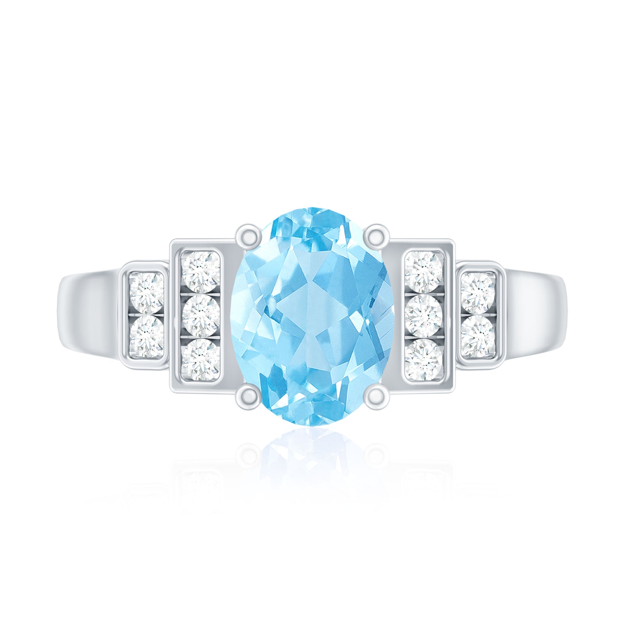 Rosec Jewels-Real 6X8mm Aquamarine Statement Engagement Ring with Diamond