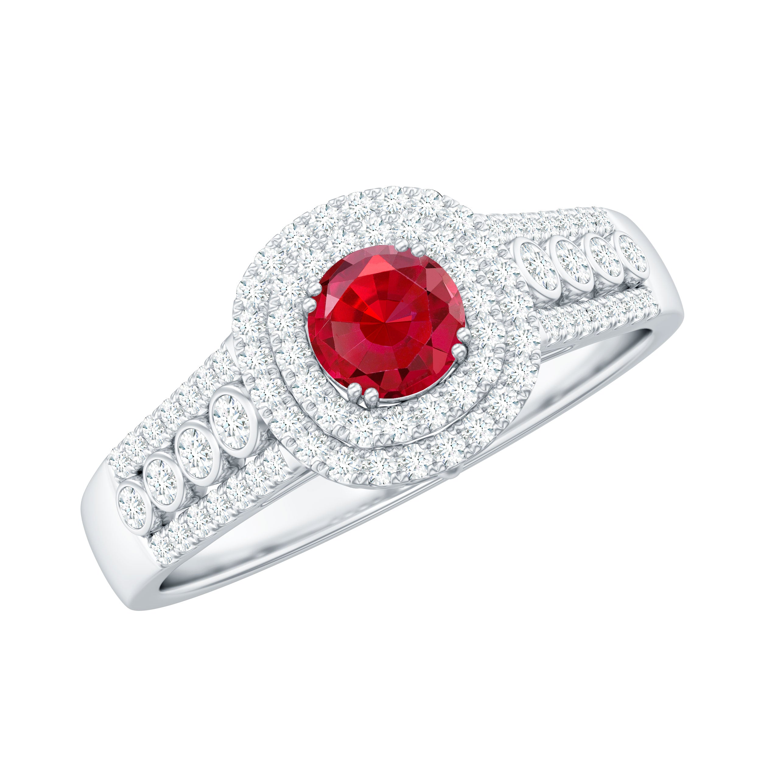 Antique Style Lab Ruby and Moissanite Double Halo Engagement Ring AAAA - Rosec Jewels