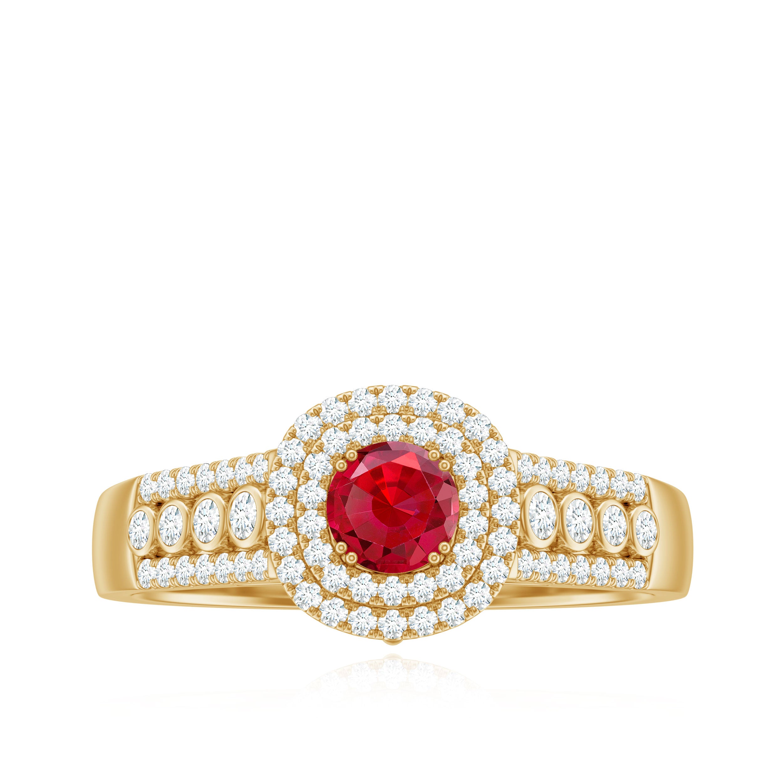 Antique Style Lab Ruby and Moissanite Double Halo Engagement Ring AAAA - Rosec Jewels