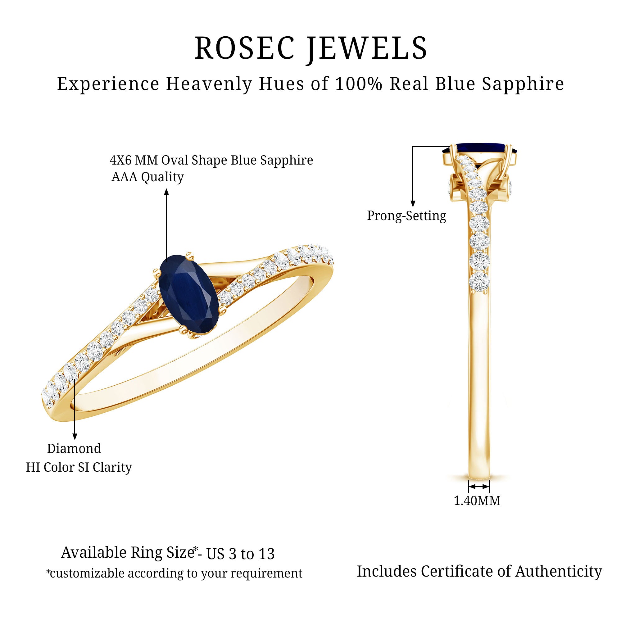 Rosec Jewels-Natural 0.6 Carat Blue Sapphire Minimal Engagement Ring with Diamond Split Shank