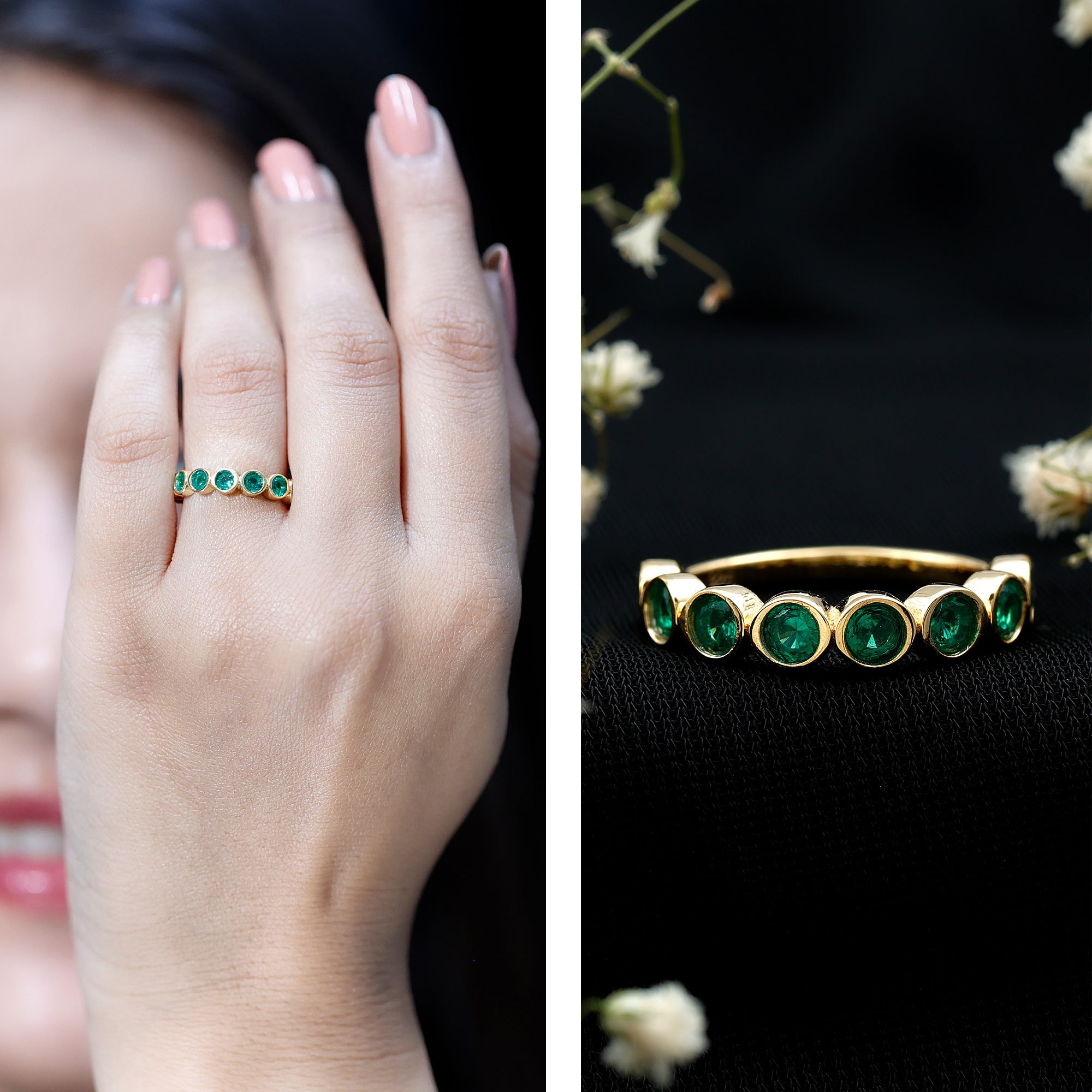 Rosec Jewels-Lab Created Emerald Half Eternity Ring 14K Gold Plated Silver