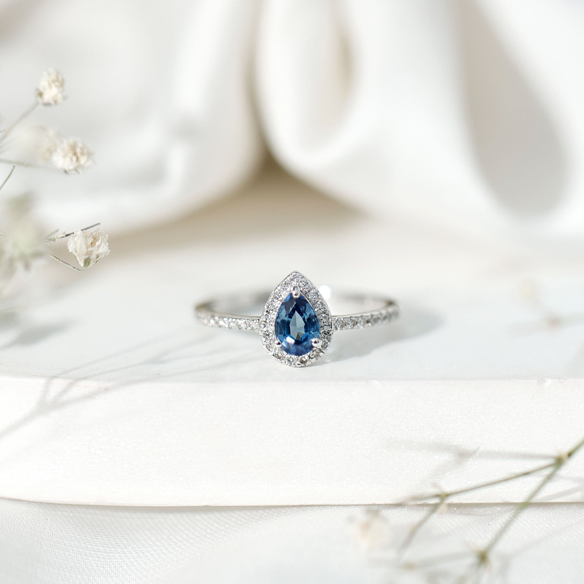 Rosec Jewels-Natural Half Carat Blue Sapphire Teardrop Engagement Ring with Diamond Halo