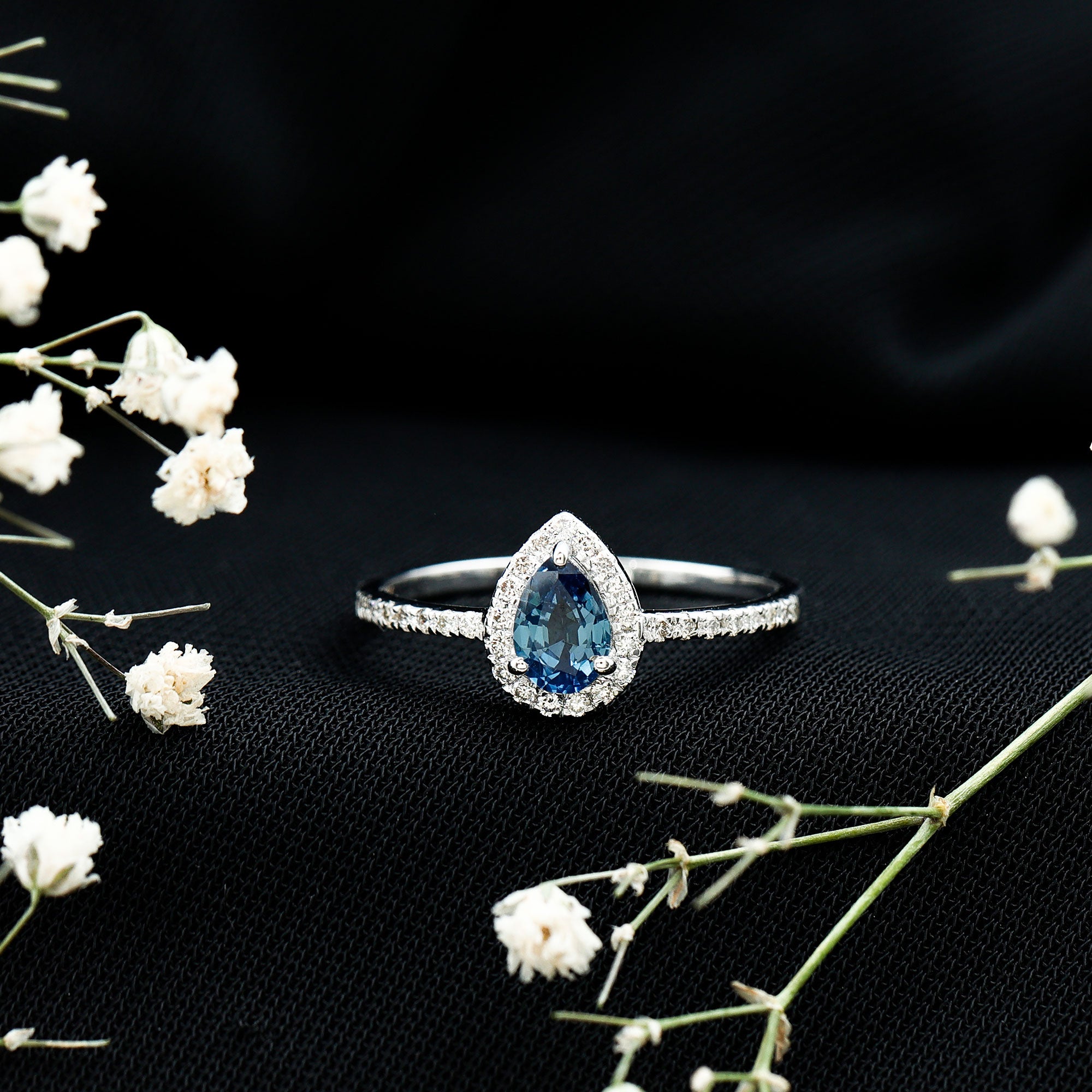 Rosec Jewels-Natural Half Carat Blue Sapphire Teardrop Engagement Ring with Diamond Halo