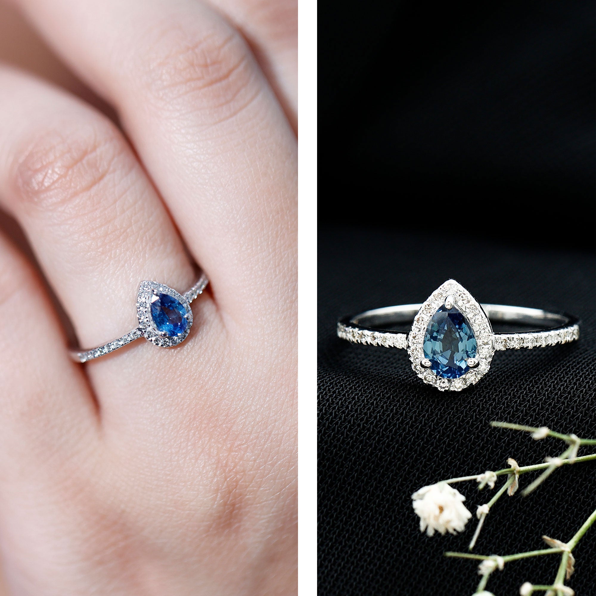 Rosec Jewels-Natural Half Carat Blue Sapphire Teardrop Engagement Ring with Diamond Halo