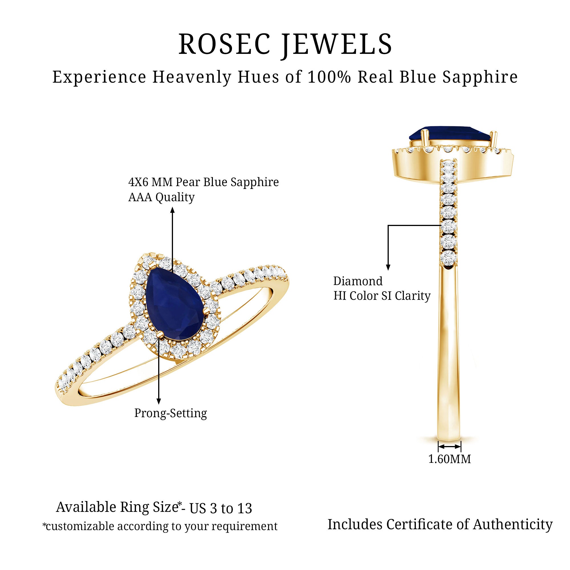 Rosec Jewels-Natural Half Carat Blue Sapphire Teardrop Engagement Ring with Diamond Halo