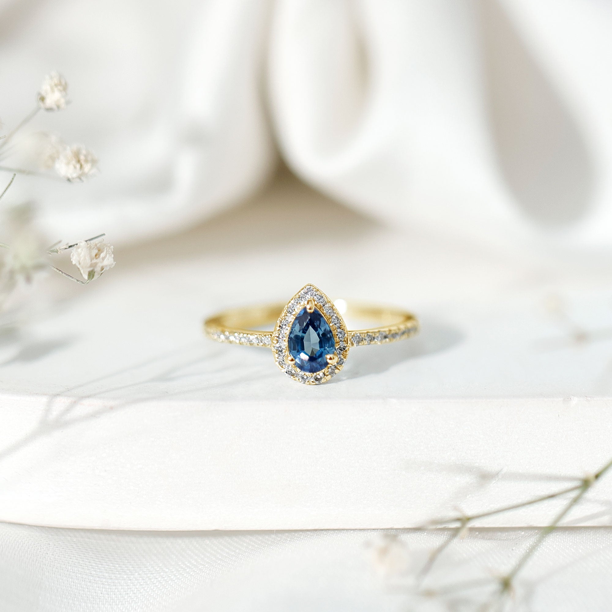 Rosec Jewels-Natural Half Carat Blue Sapphire Teardrop Engagement Ring with Diamond Halo
