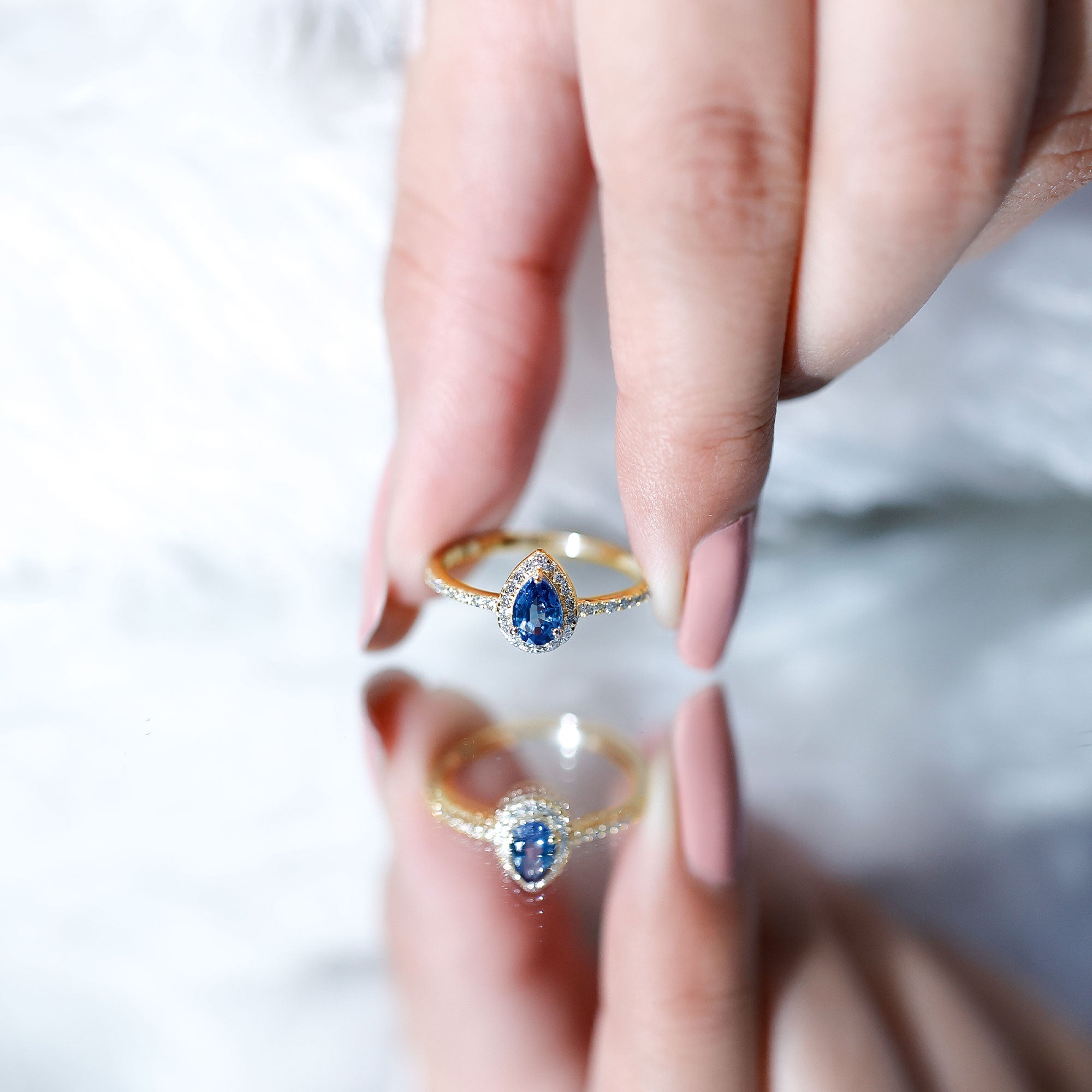 Rosec Jewels-Natural Half Carat Blue Sapphire Teardrop Engagement Ring with Diamond Halo