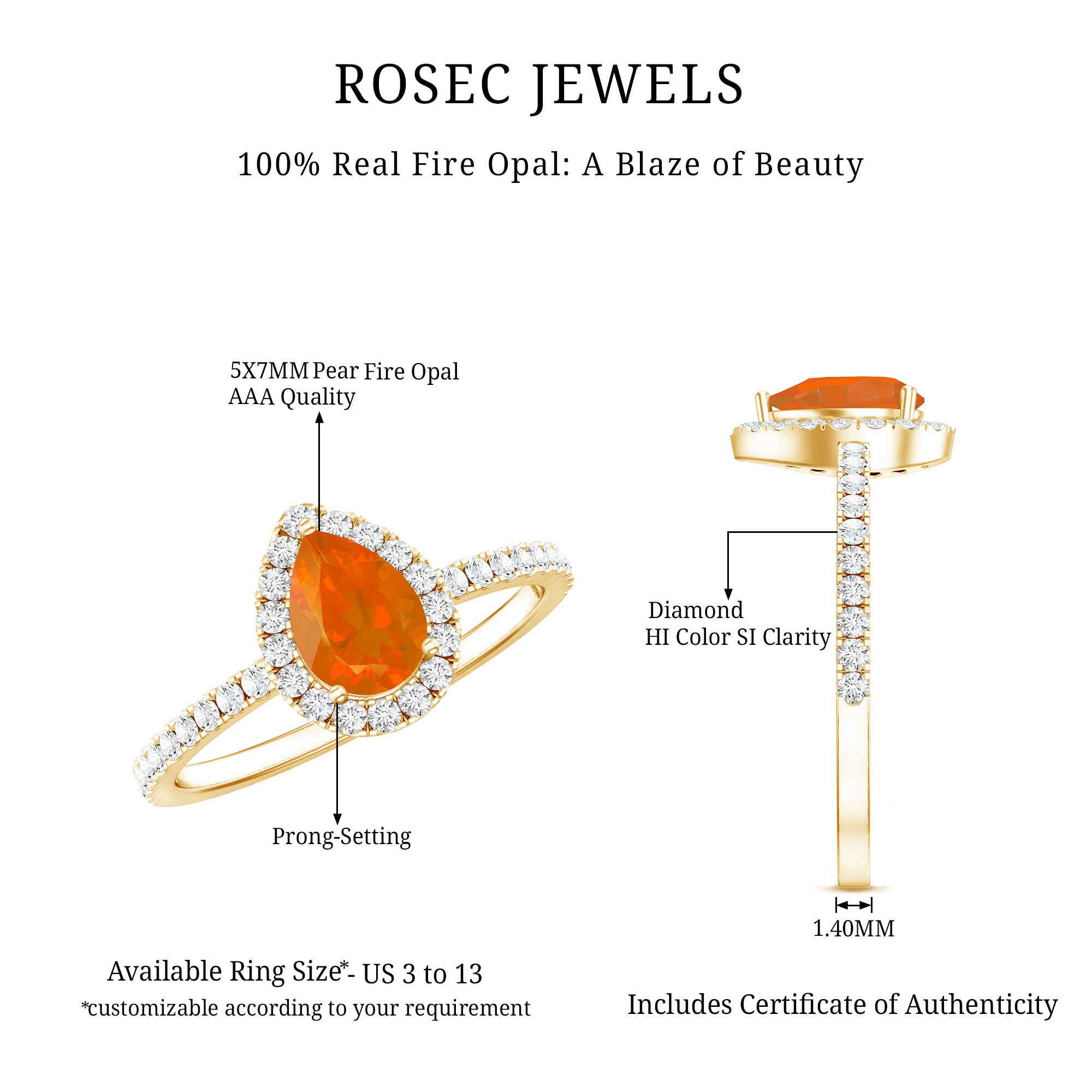 Rosec Jewels-Genuine Fire Opal Teardrop Ring with Diamond Halo
