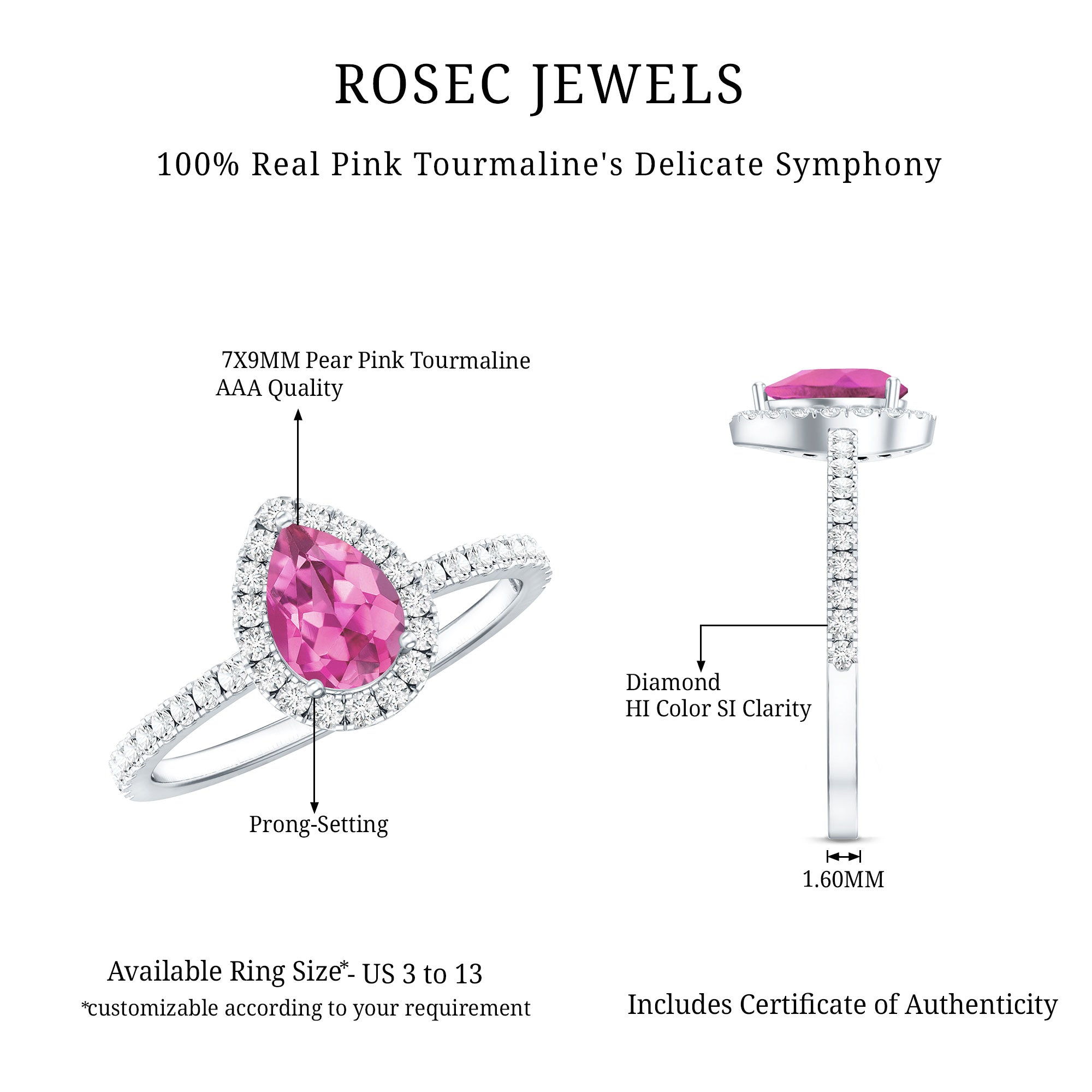 Natural Pink Tourmaline Teardrop Ring with Diamond Halo AAA - Rosec Jewels