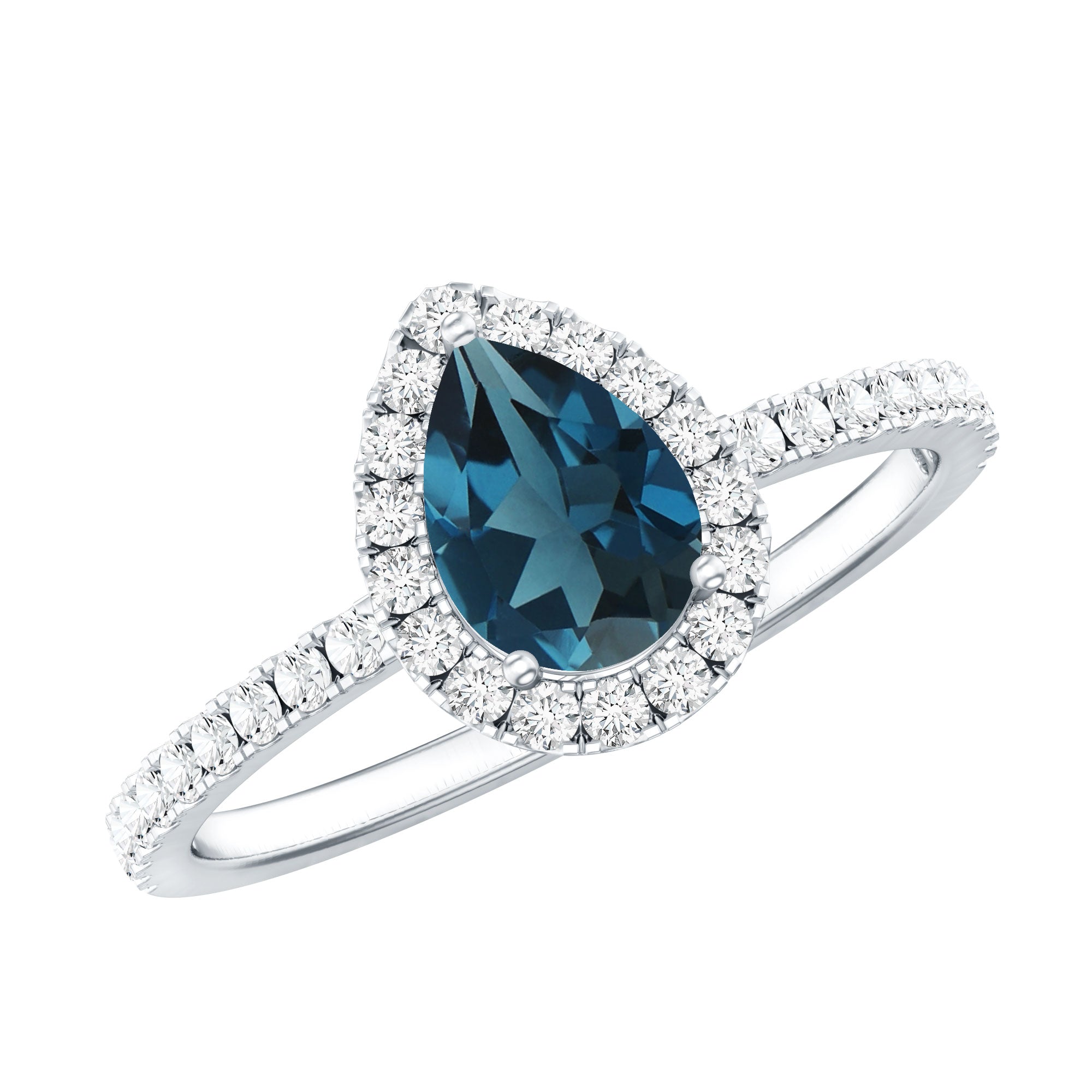 5X7mm Pear Shape London Blue Topaz Teardrop Engagement Ring with Moissanite Halo AAA - Rosec Jewels