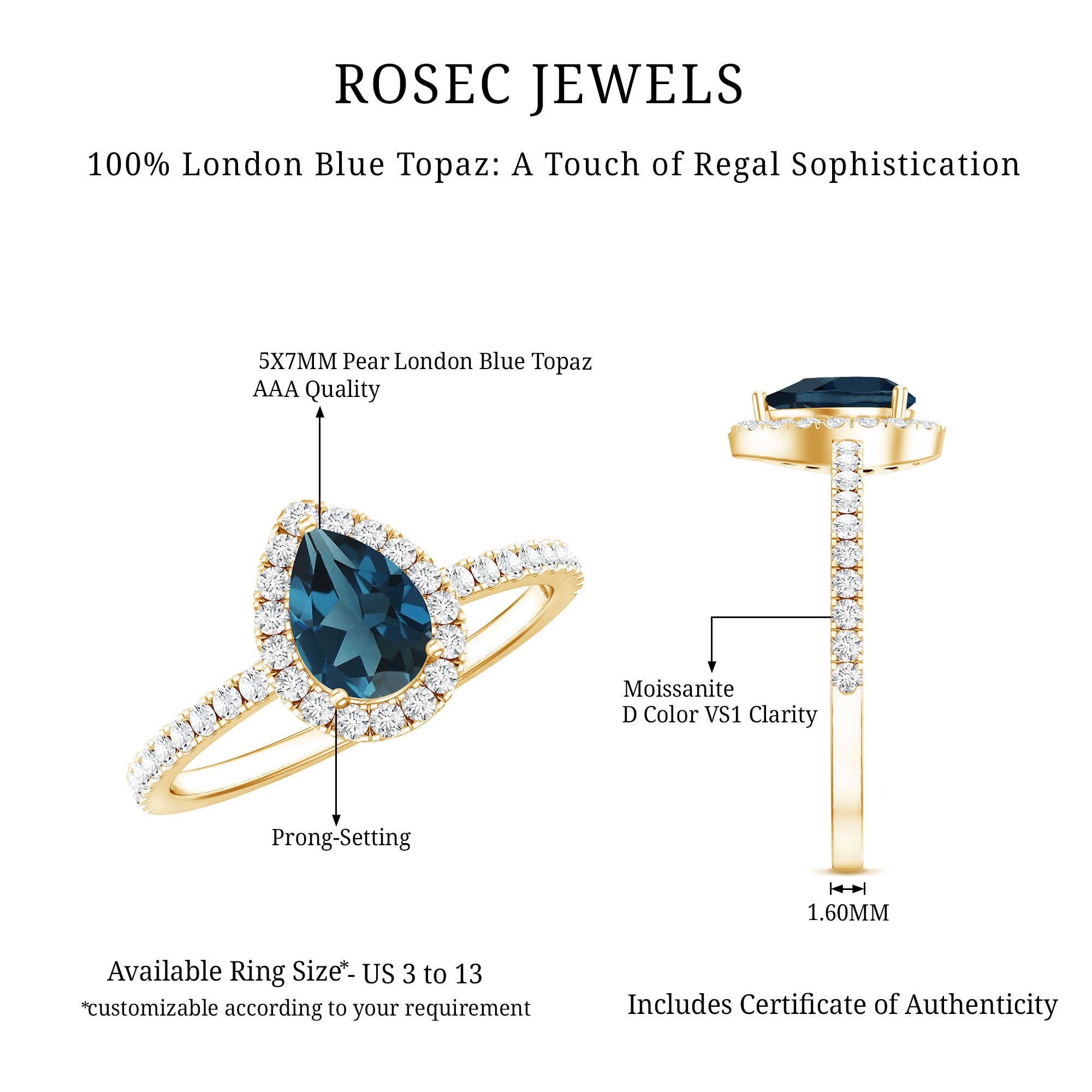 5X7mm Pear Shape London Blue Topaz Teardrop Engagement Ring with Moissanite Halo AAA - Rosec Jewels