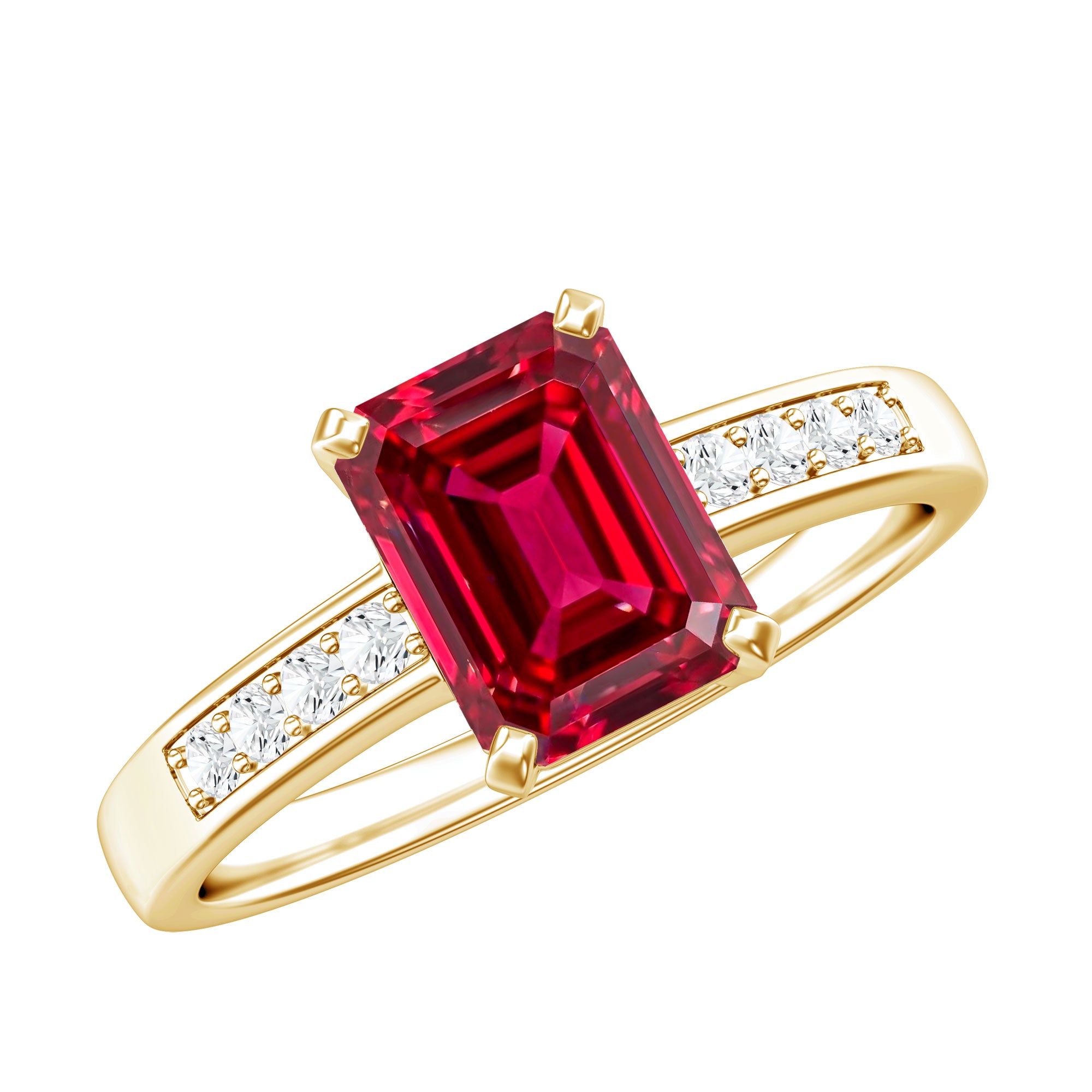 Rosec Jewels-Lab Grown Ruby Emerald Cut Engagement Ring with Real Diamond