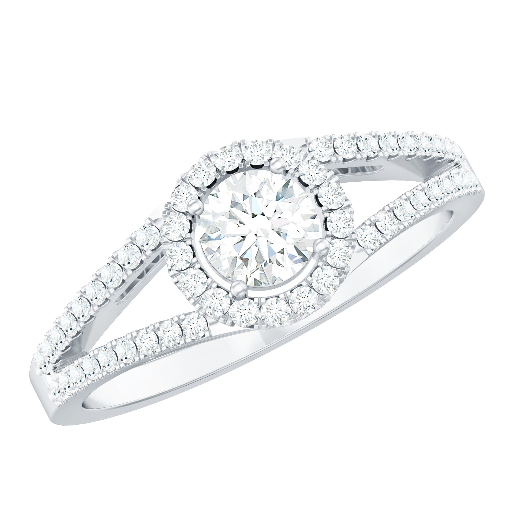 Womens Moissanite Halo Engagement Ring with Split Shank