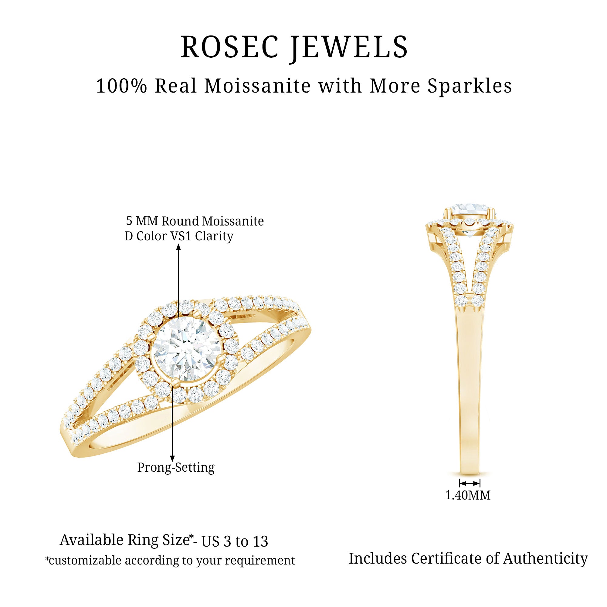 Rosec Jewels-Womens Moissanite Halo Engagement Ring with Split Shank