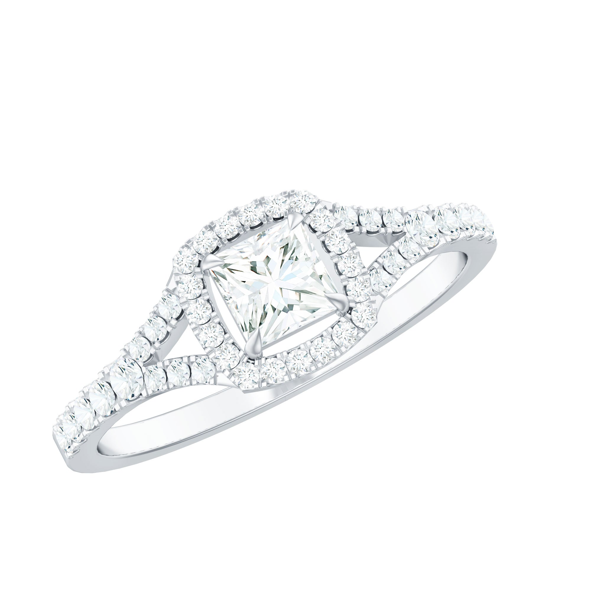 Rosec Jewels-Princess Cut Moissanite Halo Engagement Ring with Split Shank