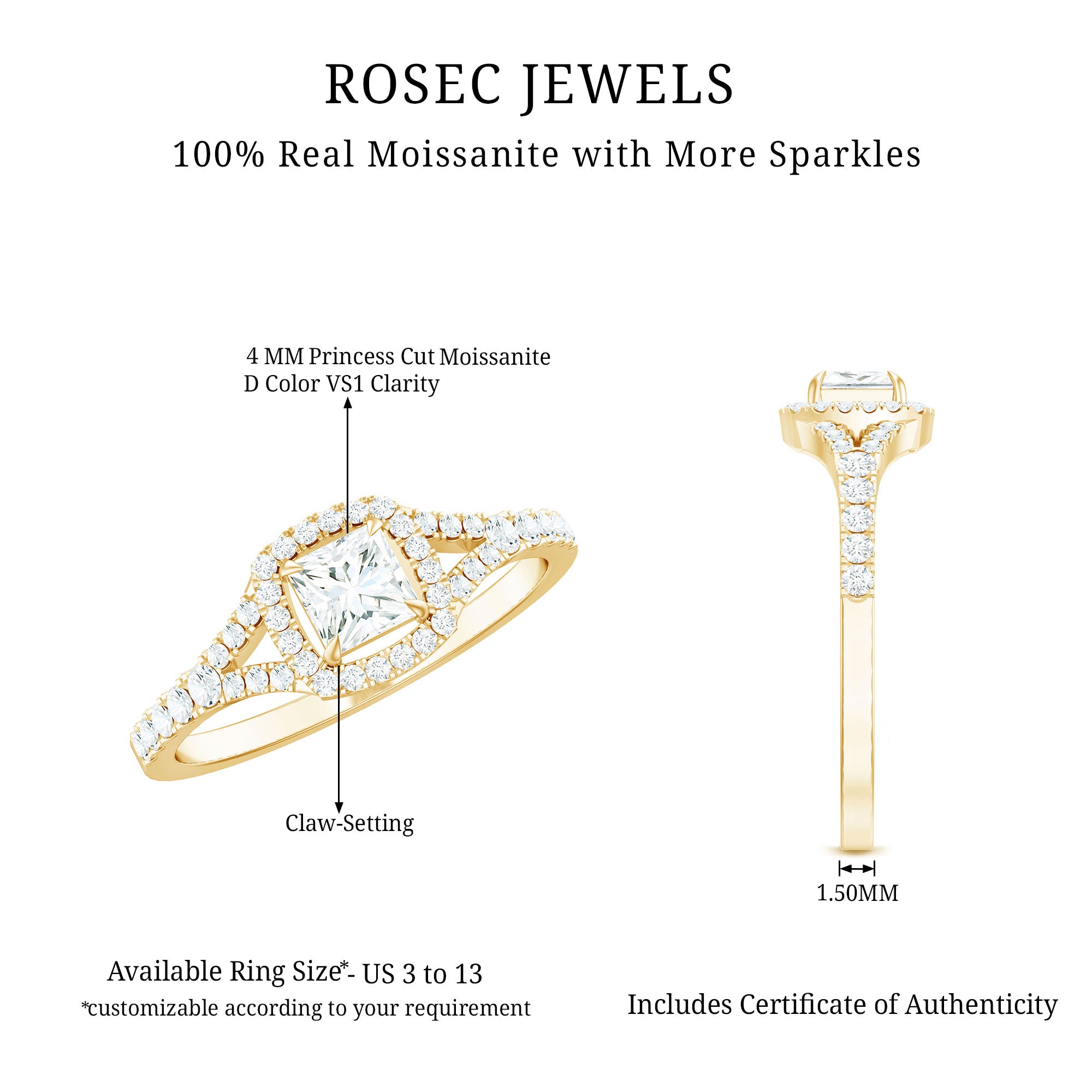 Rosec Jewels-Princess Cut Moissanite Halo Engagement Ring with Split Shank