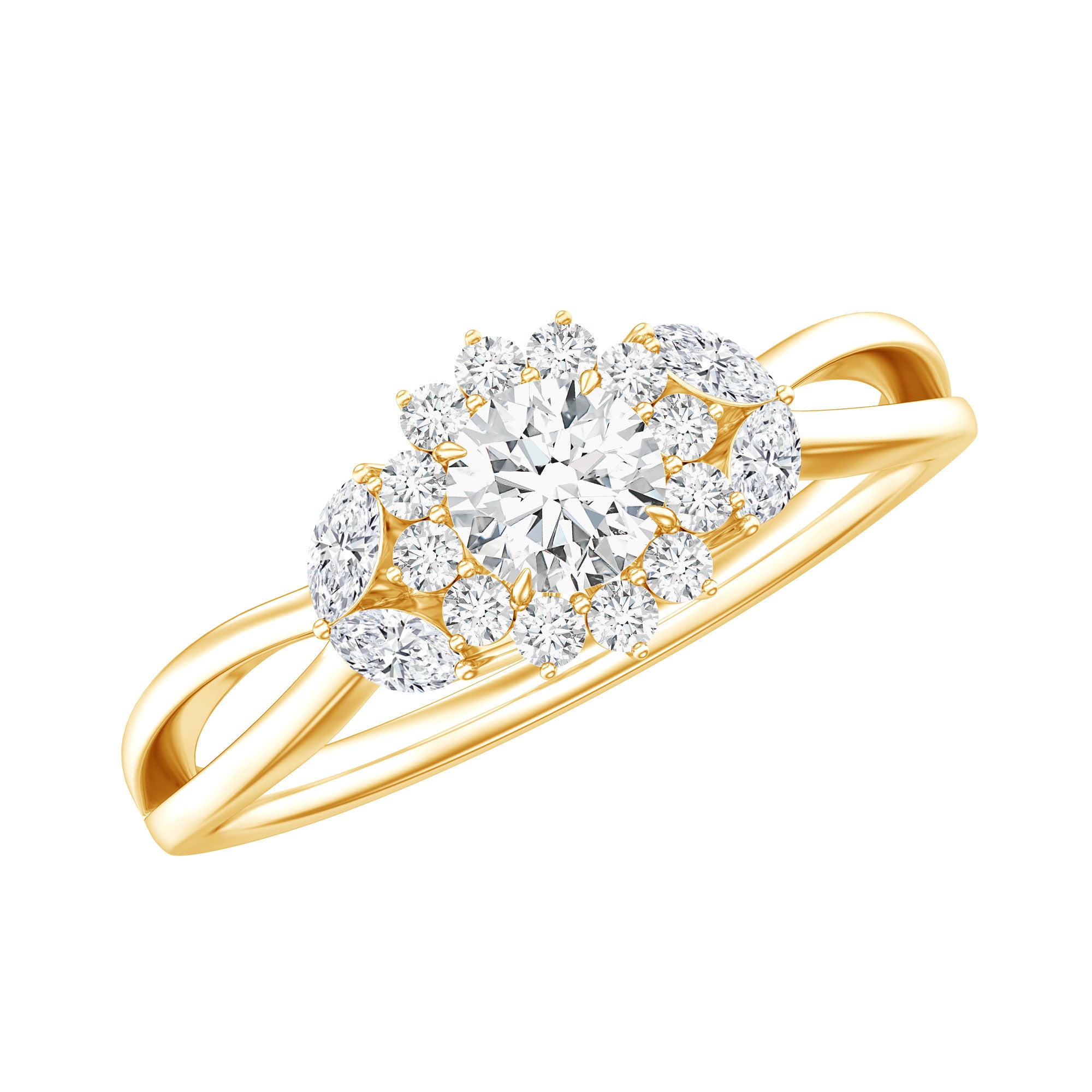 Certified Moissanite Flower Engagement Ring with Split Shank D-VS1 - Rosec Jewels