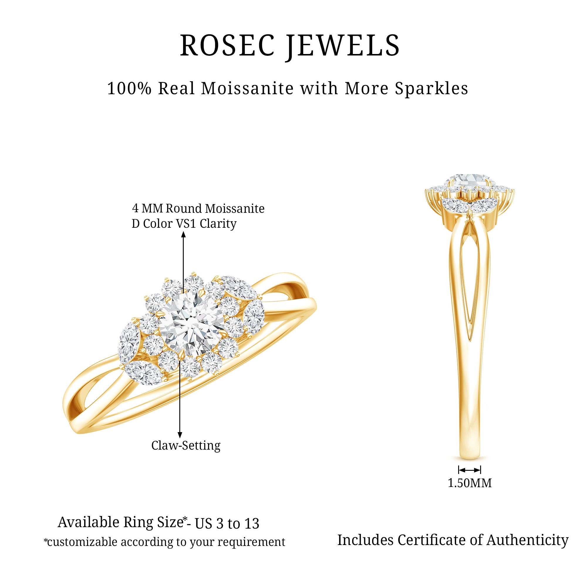 Certified Moissanite Flower Engagement Ring with Split Shank D-VS1 - Rosec Jewels
