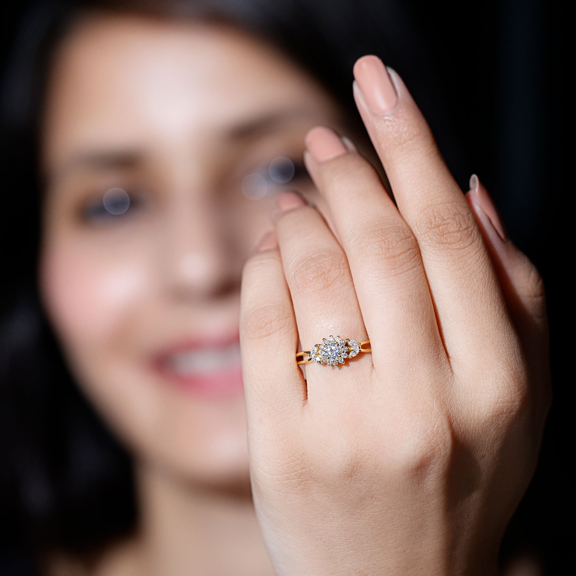 Certified Moissanite Flower Engagement Ring with Split Shank D-VS1 - Rosec Jewels