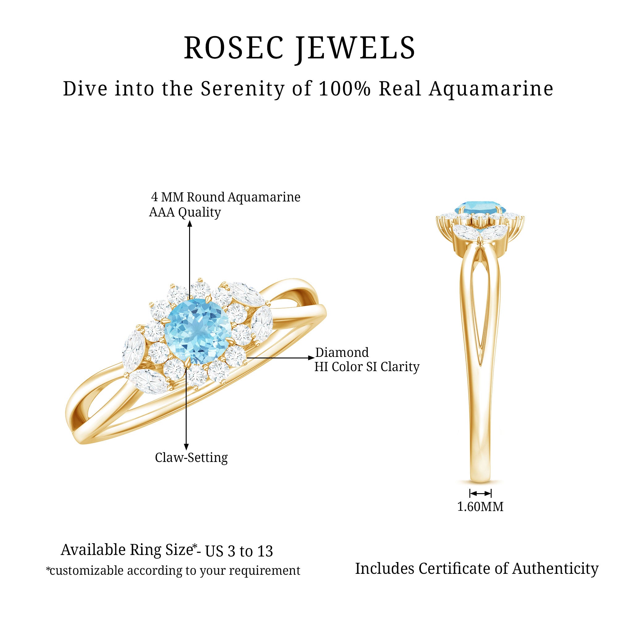 Natural Aquamarine Flower Promise Ring with Diamond AAA - Rosec Jewels