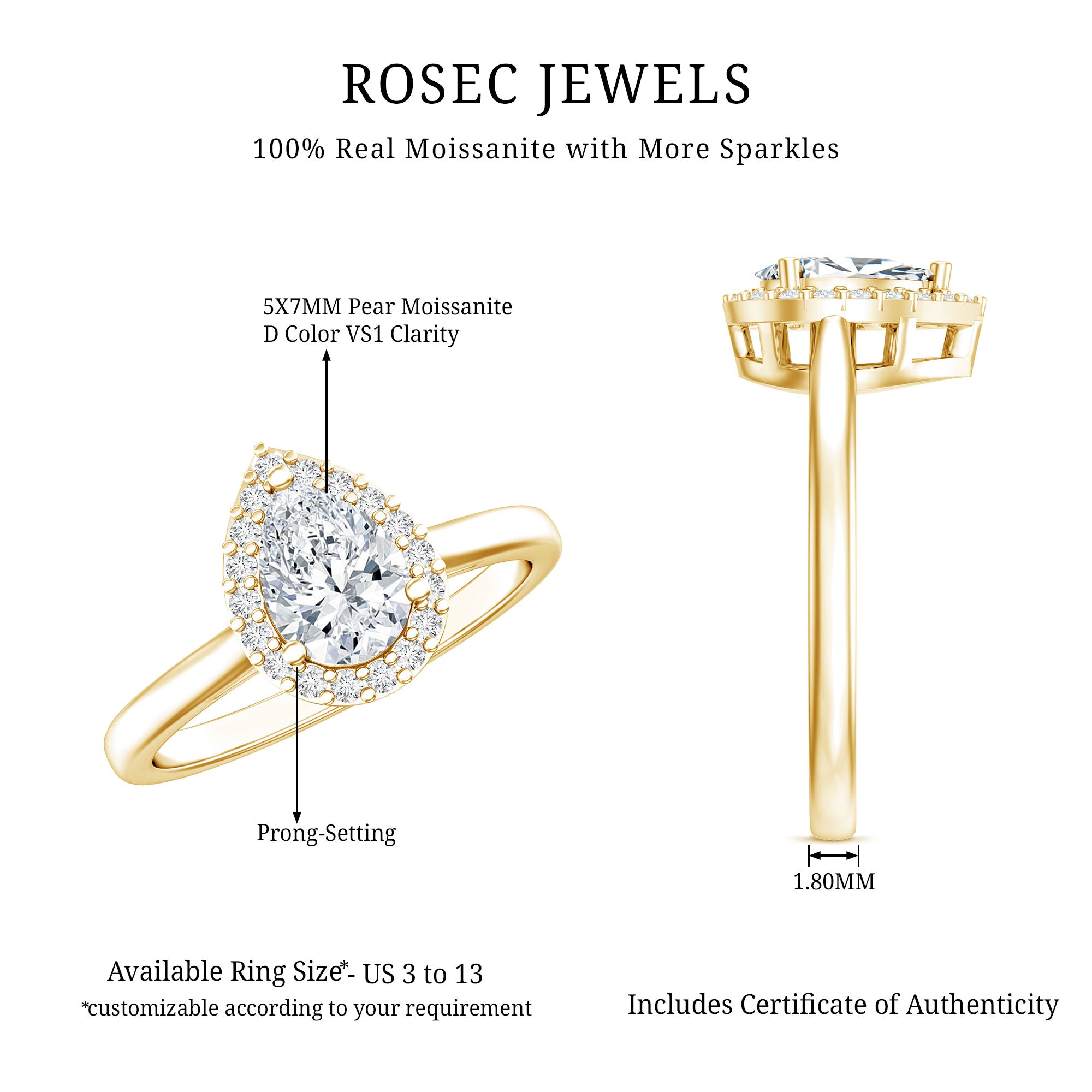 1 CT Brilliant Cut Moissanite Teardrop Engagement Ring D-VS1 - Rosec Jewels