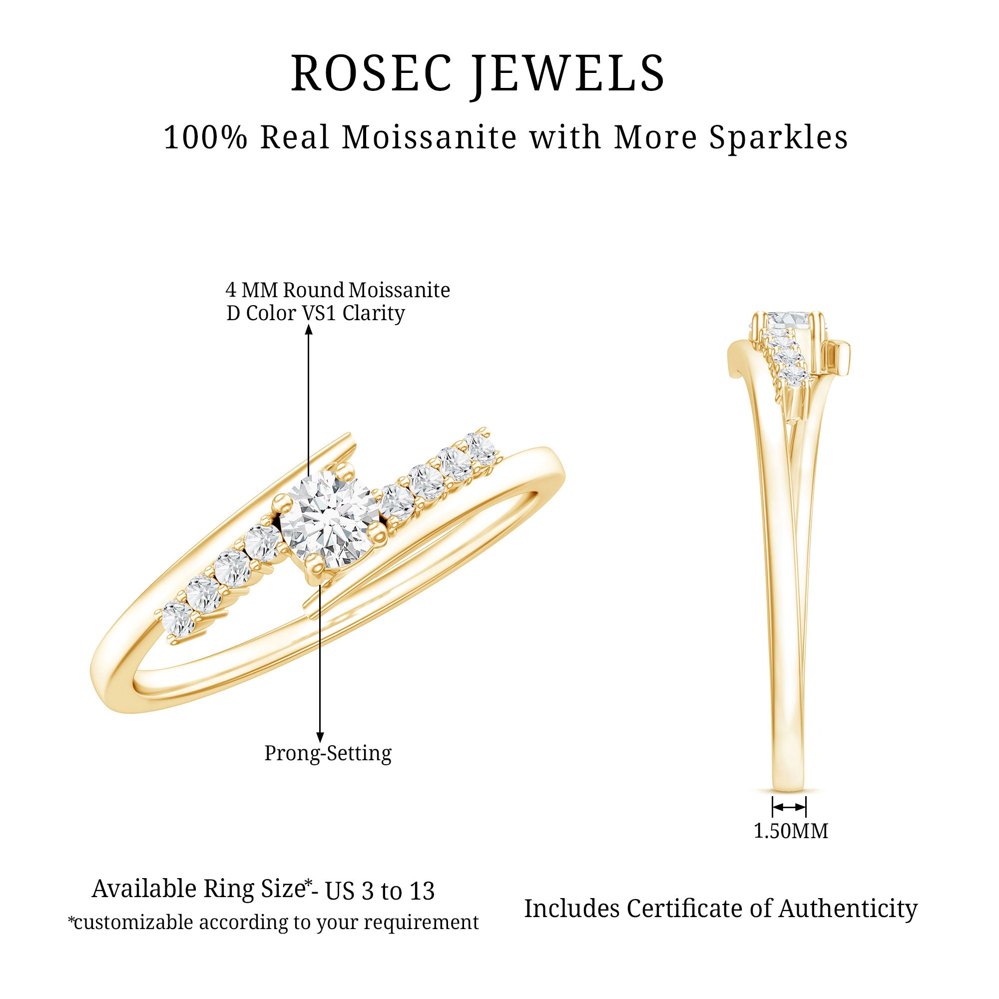 Rosec Jewels-Round Cut Moissanite Promise Ring with Bypass Shank