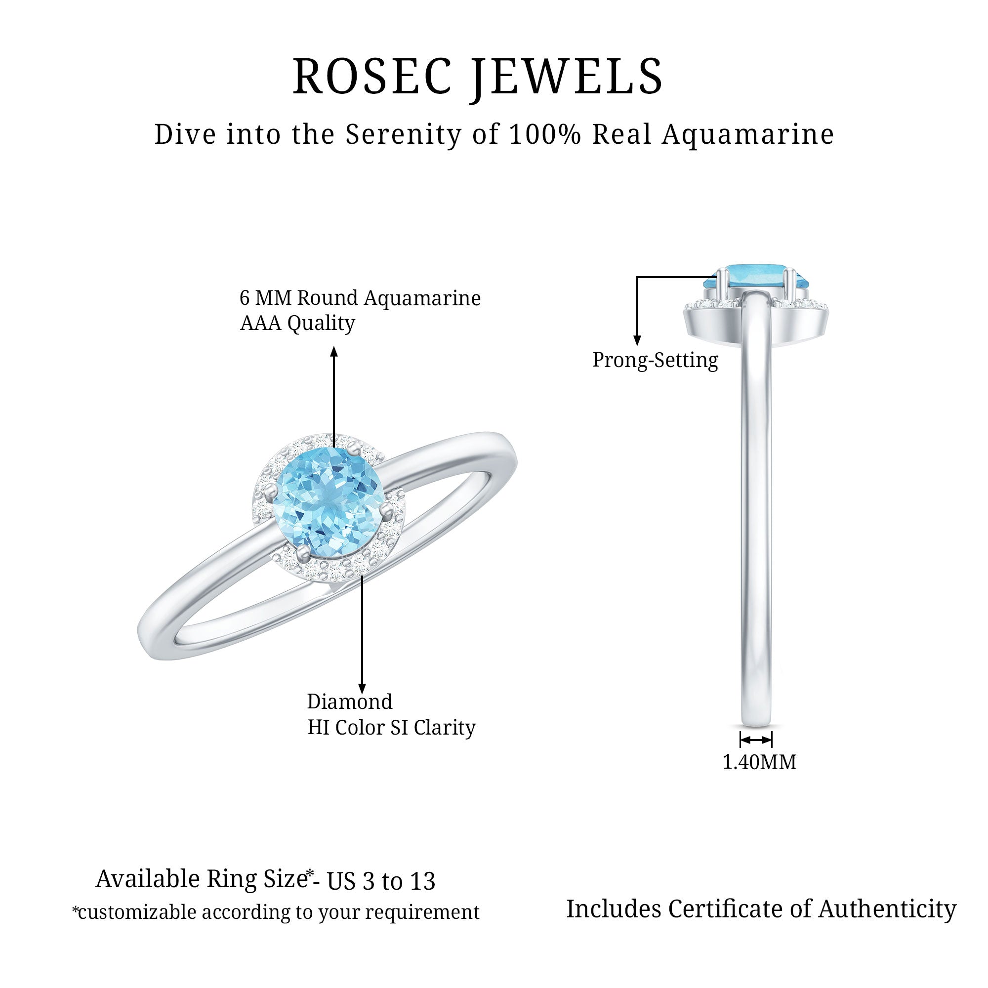 Rosec Jewels-Certified Real Aquamarine Promise Ring with Diamond Halo