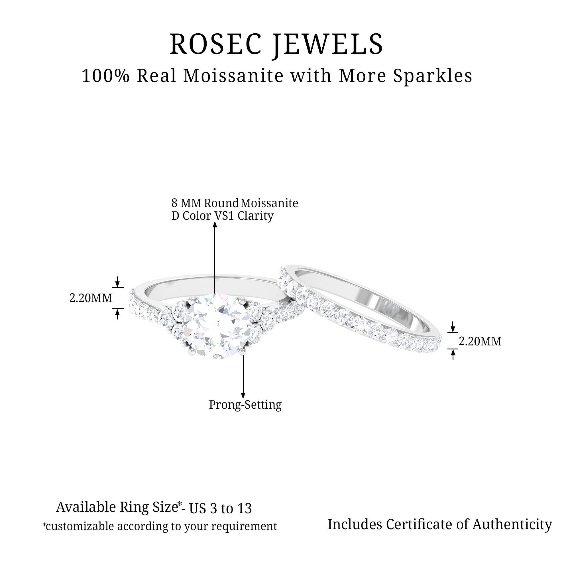 Round Cut Certified Moissanite Classic Wedding Ring Set in Gold Moissanite - ( D-VS1 ) - Color and Clarity - Rosec Jewels