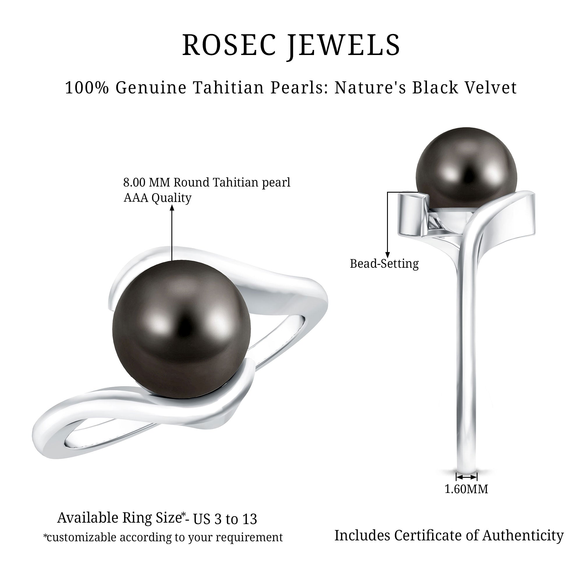 8 Carat Certified Tahitian Black Pearl Solitaire Bypass Ring AAA - Rosec Jewels